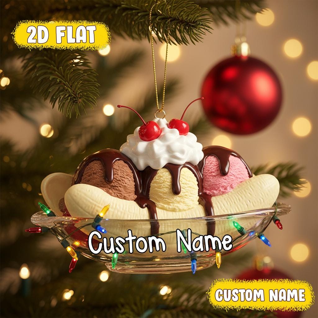 Personalized Banana Split Ice Cream Ornament, Flat Acrylic Christmas Decoration, Cute Foodie Tree Gift with Custom Name