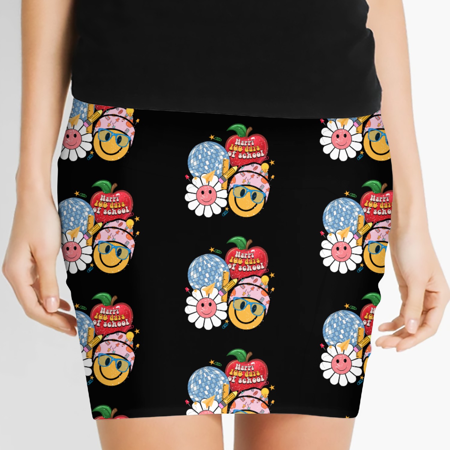 Happy 100 Days Of School Retro Groovy Face Women's Mini Skirts
