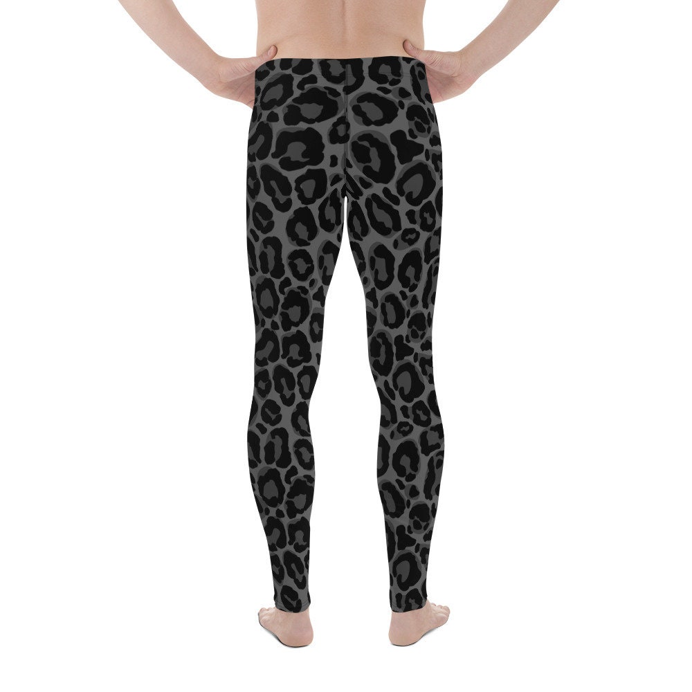 Black Leopard Men Leggings, Animal Print Panther Cheetah Jaguar Grey Guys Male Running