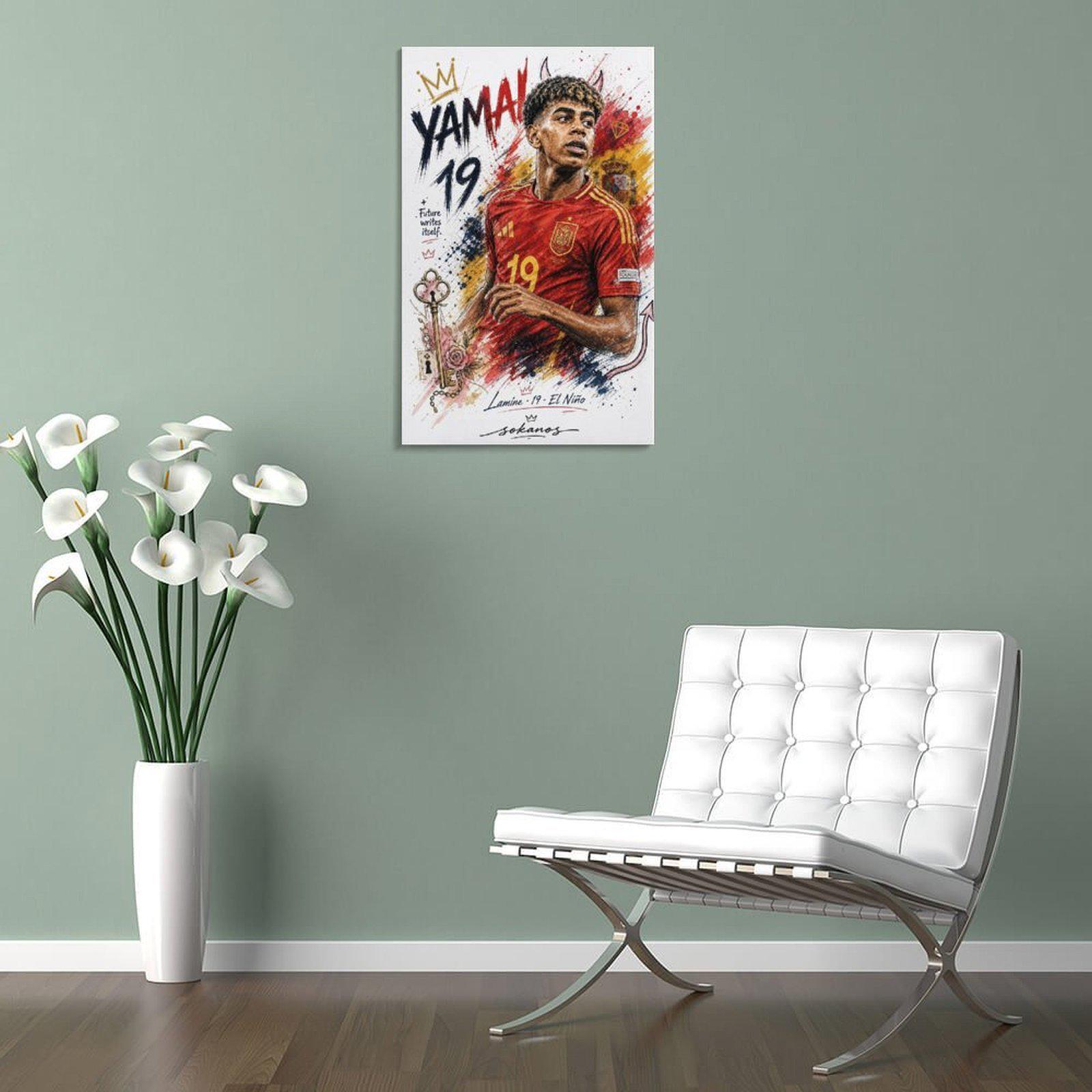 Lamine Yamal Canvas Poster, Spain Football Wall Art, Red Yellow Soccer Player Illustration, Sports Bedroom Canvas Decor