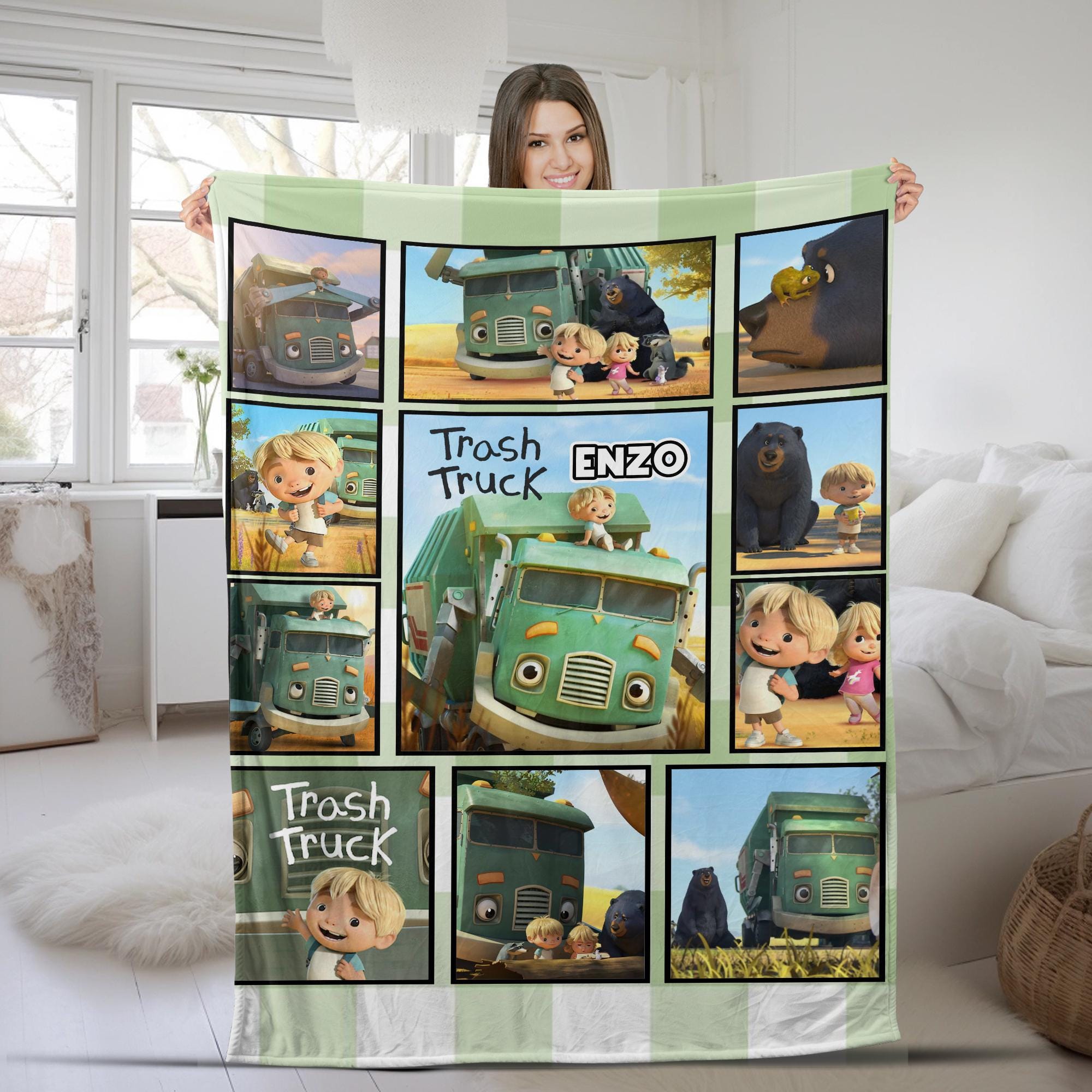 Trash Truck Blanket, Personalized Trash Truck Fleece Blanket, Custom Name Kid Baby Blanket, Birthday Gift, Christmas Gifts