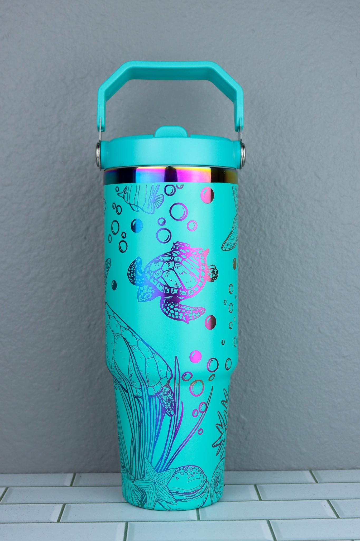 Sea Turtles 30oz Flip Top Water Bottle with Handle | Ocean Lover | Laser Engraved | Rainbow Holographic Cup