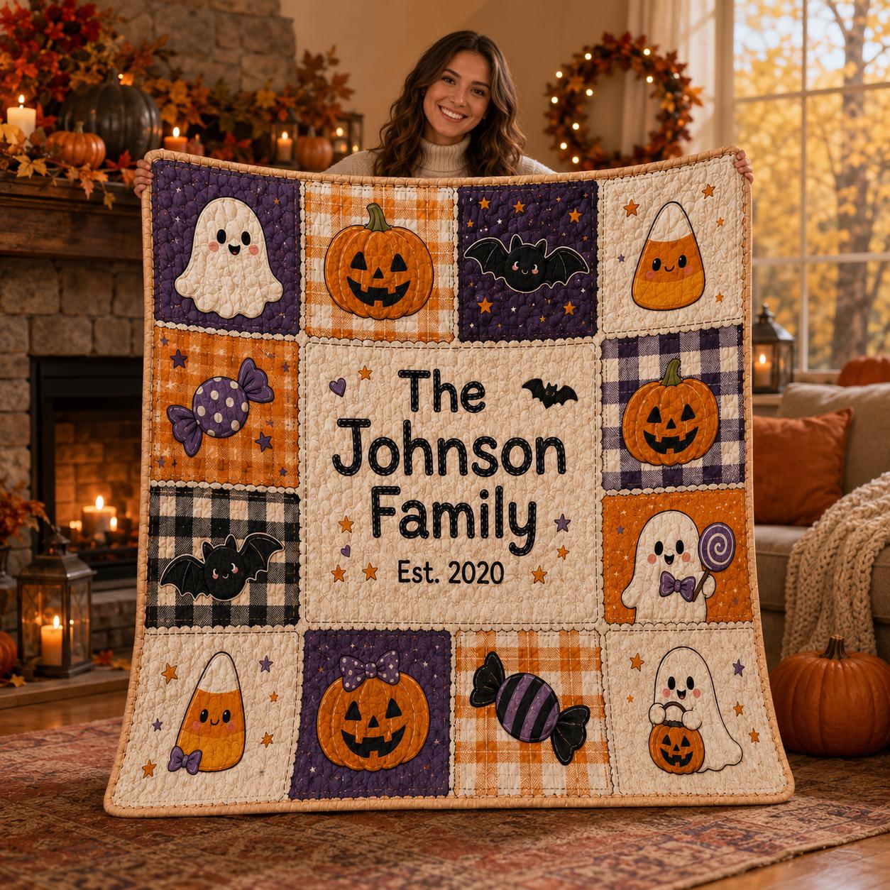 Personalized Halloween Quilt Blanket with Family Name, Pumpkin for Spooky Season Decor