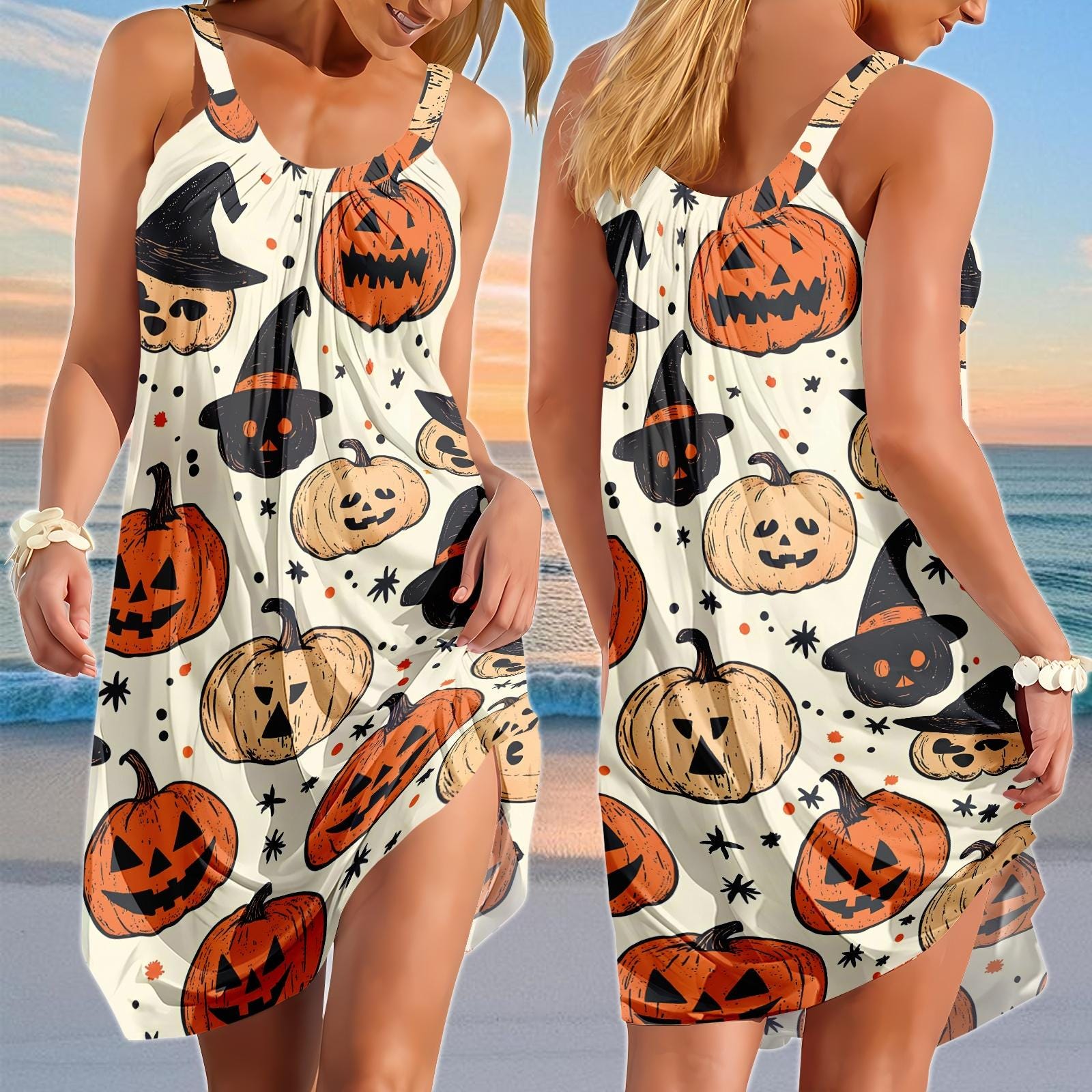 Halloween Pumpkin Sling Summer Dress, Jack O Lantern Beach Dress, Spooky Witch Hat Sundress, Fall Party Outfit For Her