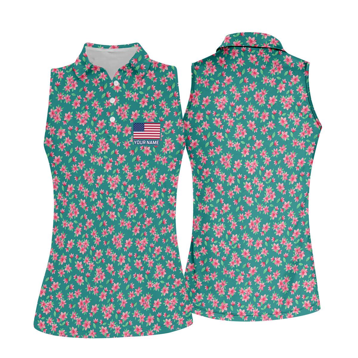 Women's Sleeveless Golf Polo Shirt with Azaleas Floral and Pink Green Design