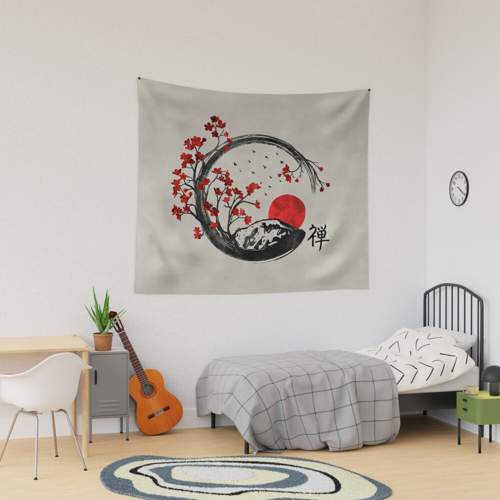 Zen Enso Circle and Sakura Branches Tapestry