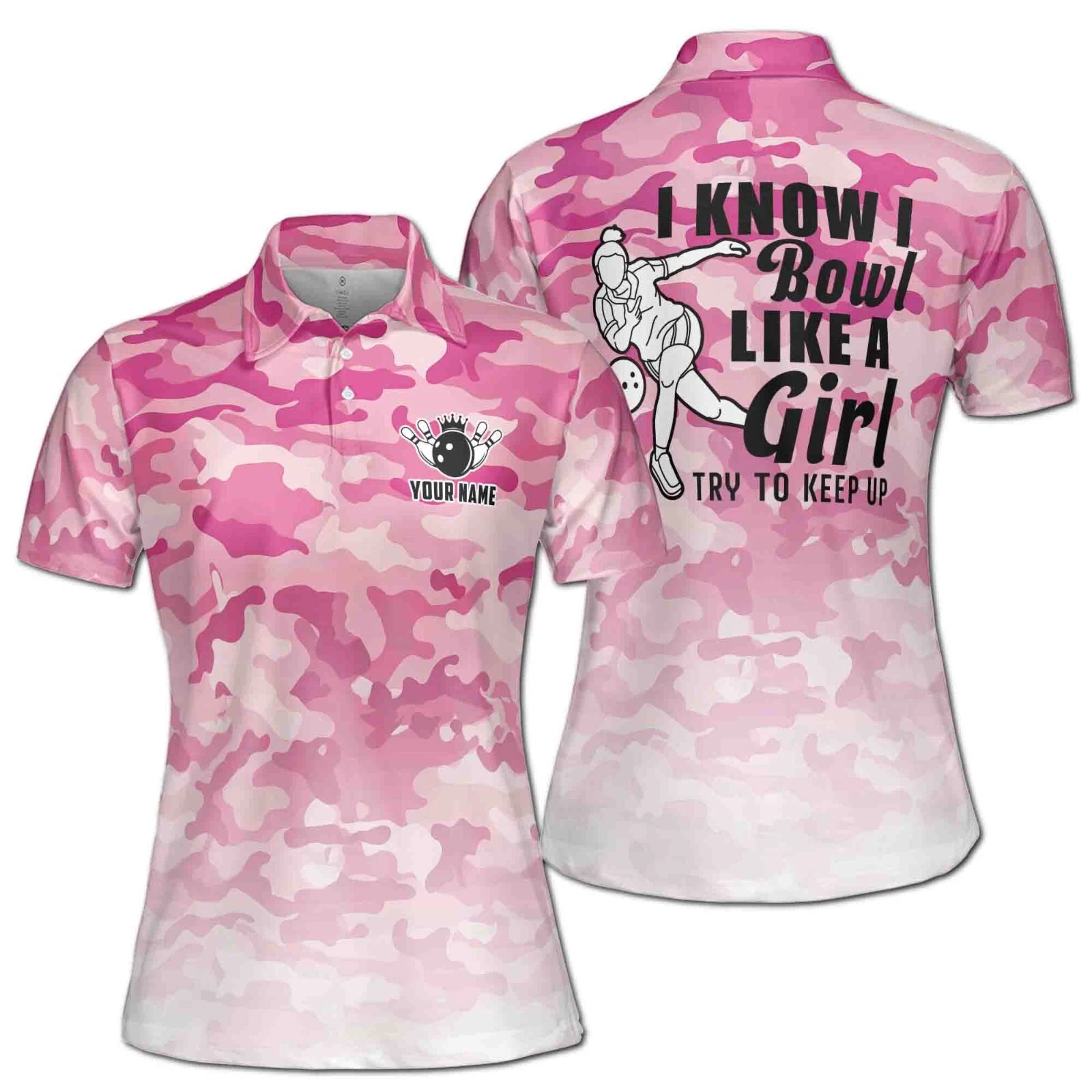 Women's Pink Camouflage Polo Shirt with Custom Name and Fading Design