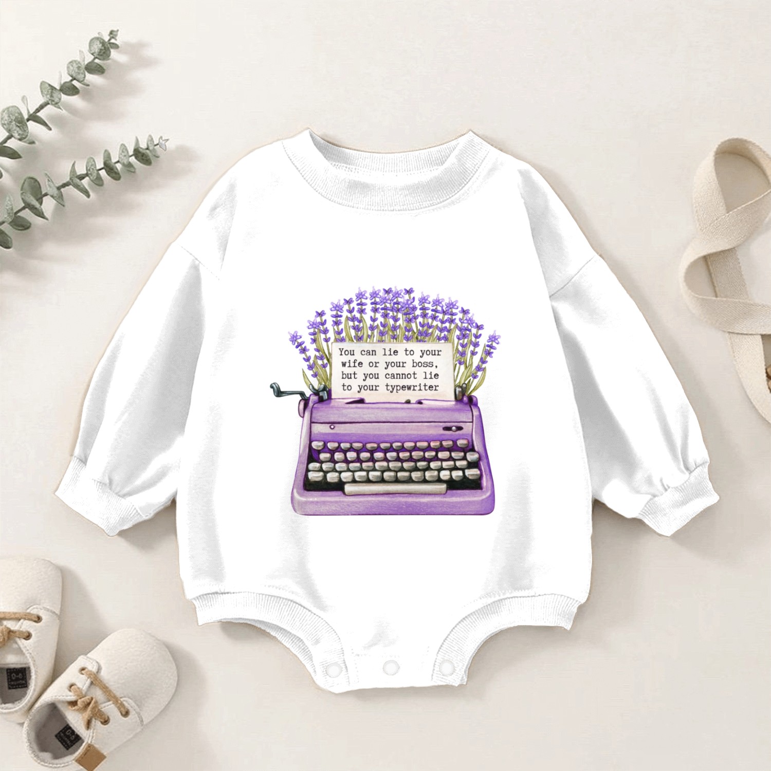 Cute Purple Flower Printed Typewriter Baby Romper Sweatshirts