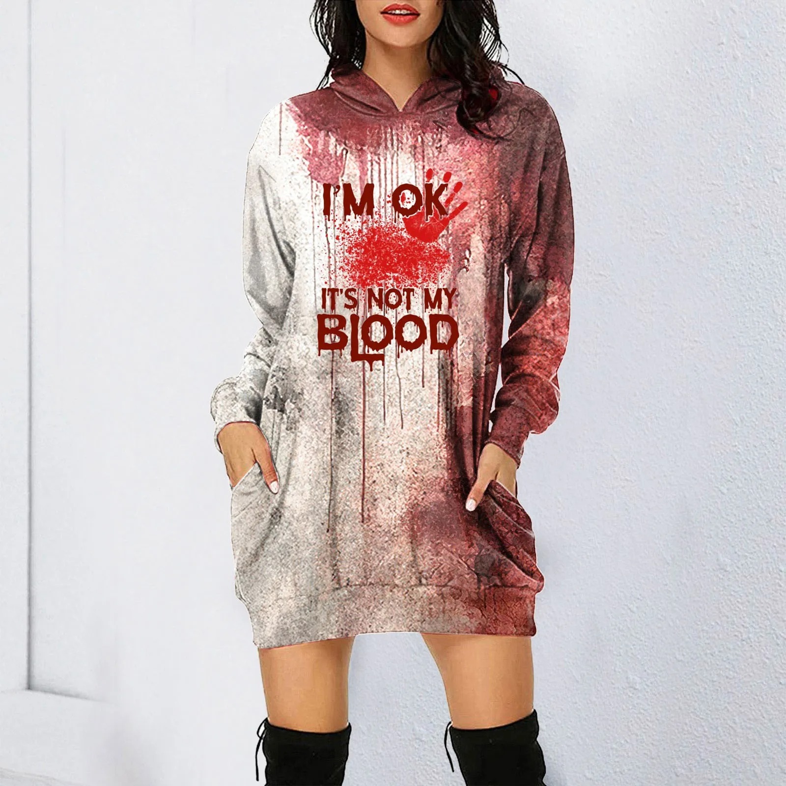 Women Halloween Print Hoodie Dress Long Sleeve, Halloween Cosplay Costume, Gift For Women