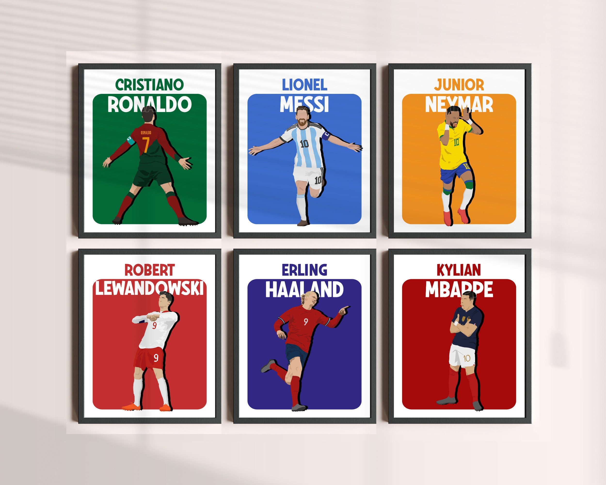 Hand Drawn 6 Footballers Poster Bundle, Messi Ronaldo Lewandowski, Neymar Mbappe Haaland Wall Art, Kids Room Decoration