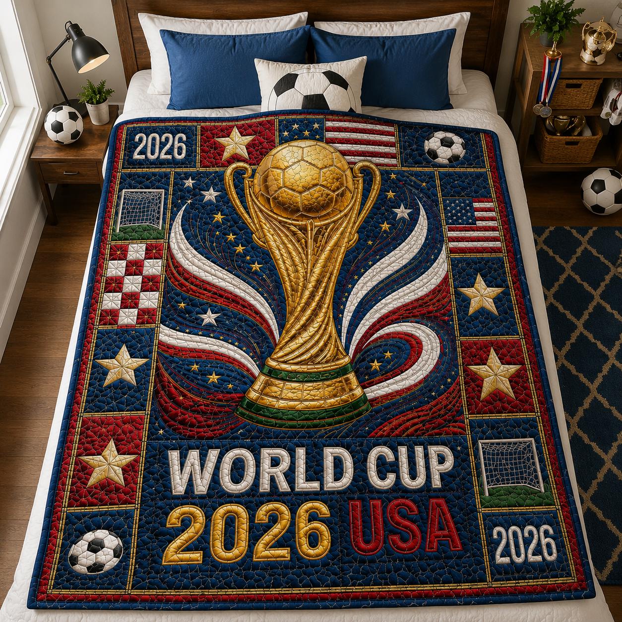 USA World Cup 2026 Soccer Trophy Quilted Blanket, Patriotic Game Day Throw
