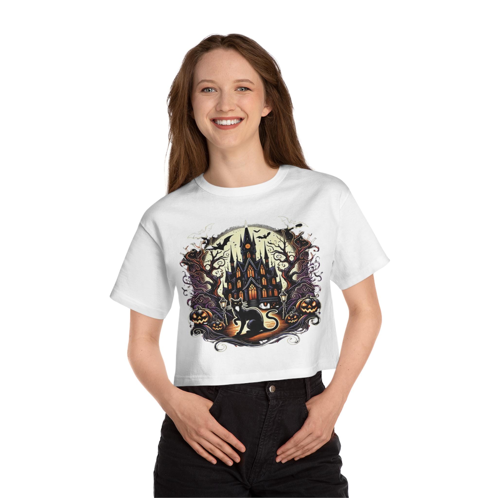 Spooky Gothic Castle Halloween Crop Top - Women's Horror Themed Shirt