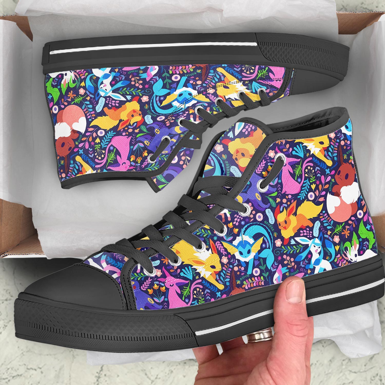 Umbreon Eevee High Top Shoes, Cute Eevee Evolutions Pattern Sneakers, Anime Shoes, Umbreon Shoes Gifts