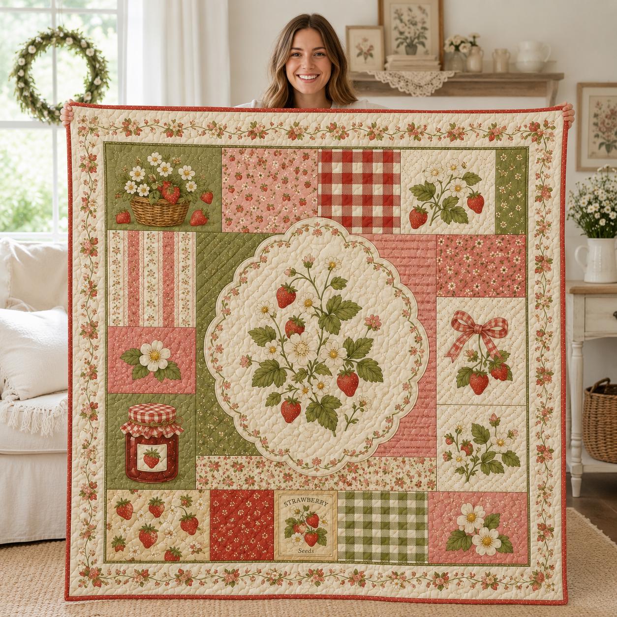 Strawberry Patchwork Quilt Blanket, Cottagecore Berry Garden, Vintage Floral Kitchen Blanket, Spring Farmhouse Home Decor