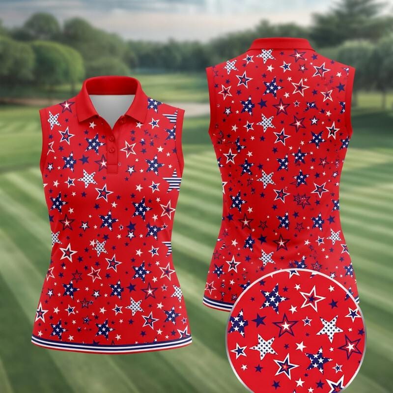 USA Star Print Women's Sleeveless Polo, Red Patriotic Stars Stripes Golf Shirt, 4th of July Celebration Top, Semiquincentennial Polo Shirt