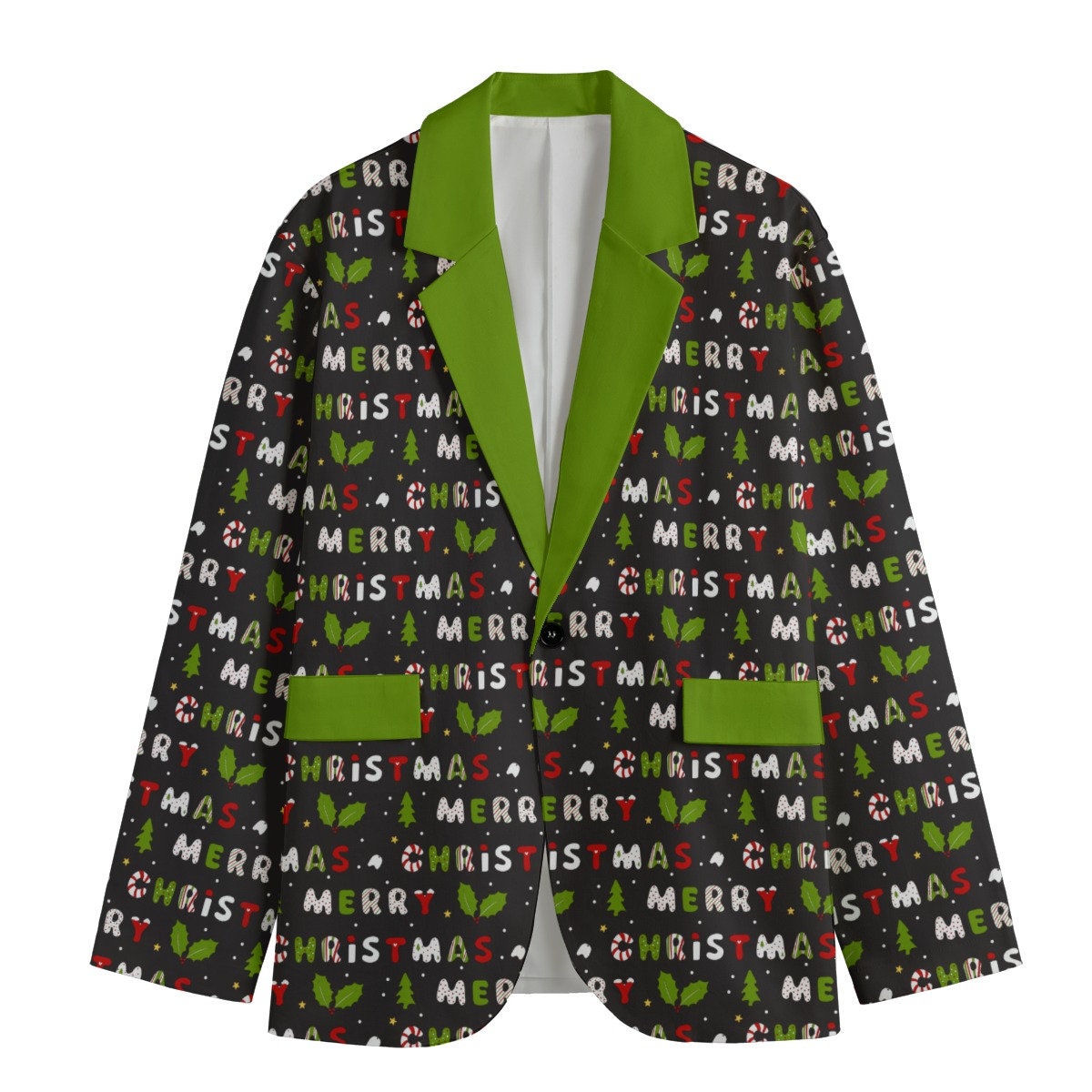 Black Merry Christmas Blazer/Sports Coat - Green Lapel