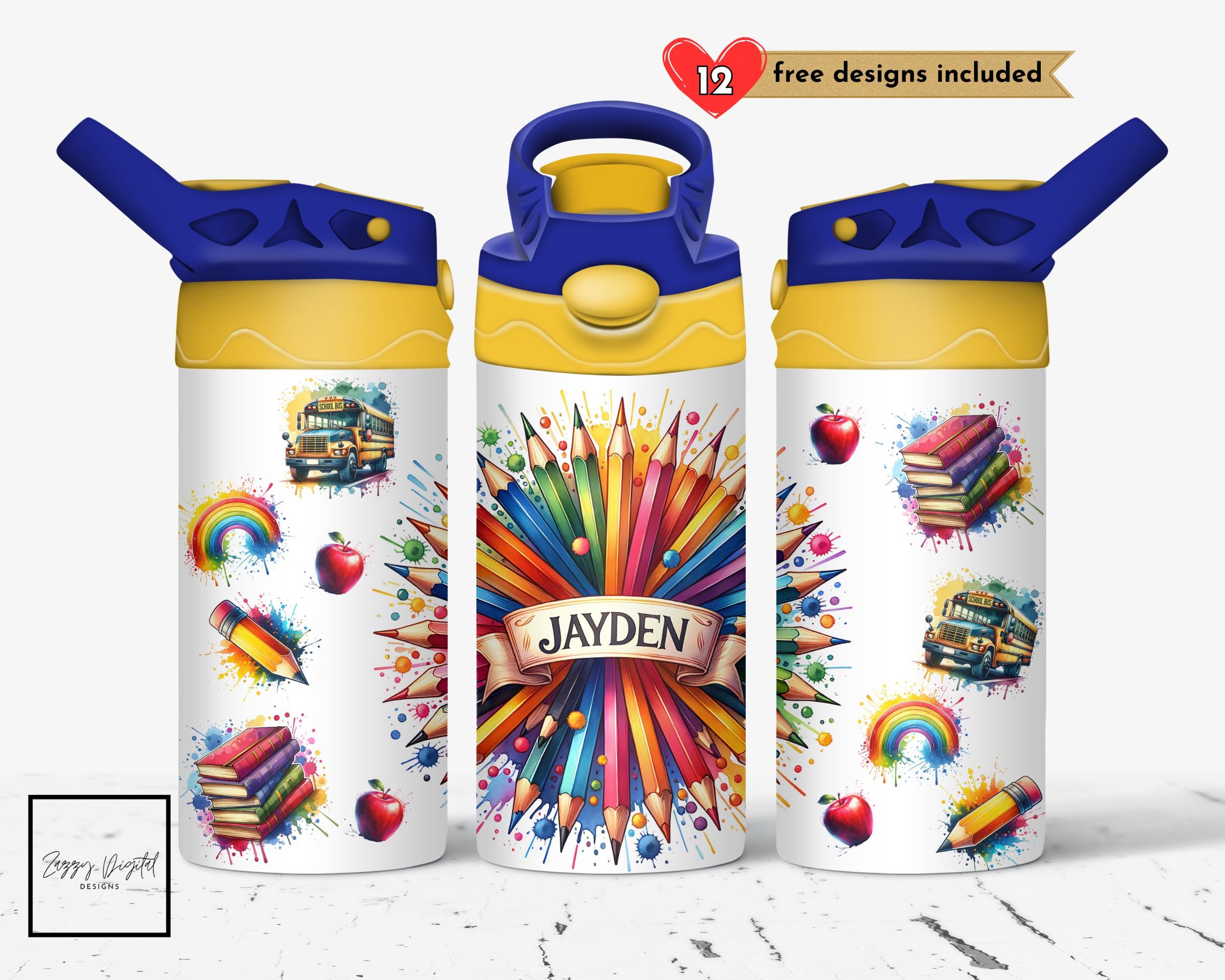 Custom Name Back To School 12 oz Tumbler, Kids Tumbler Wrap, Sippy Cup Flip Top