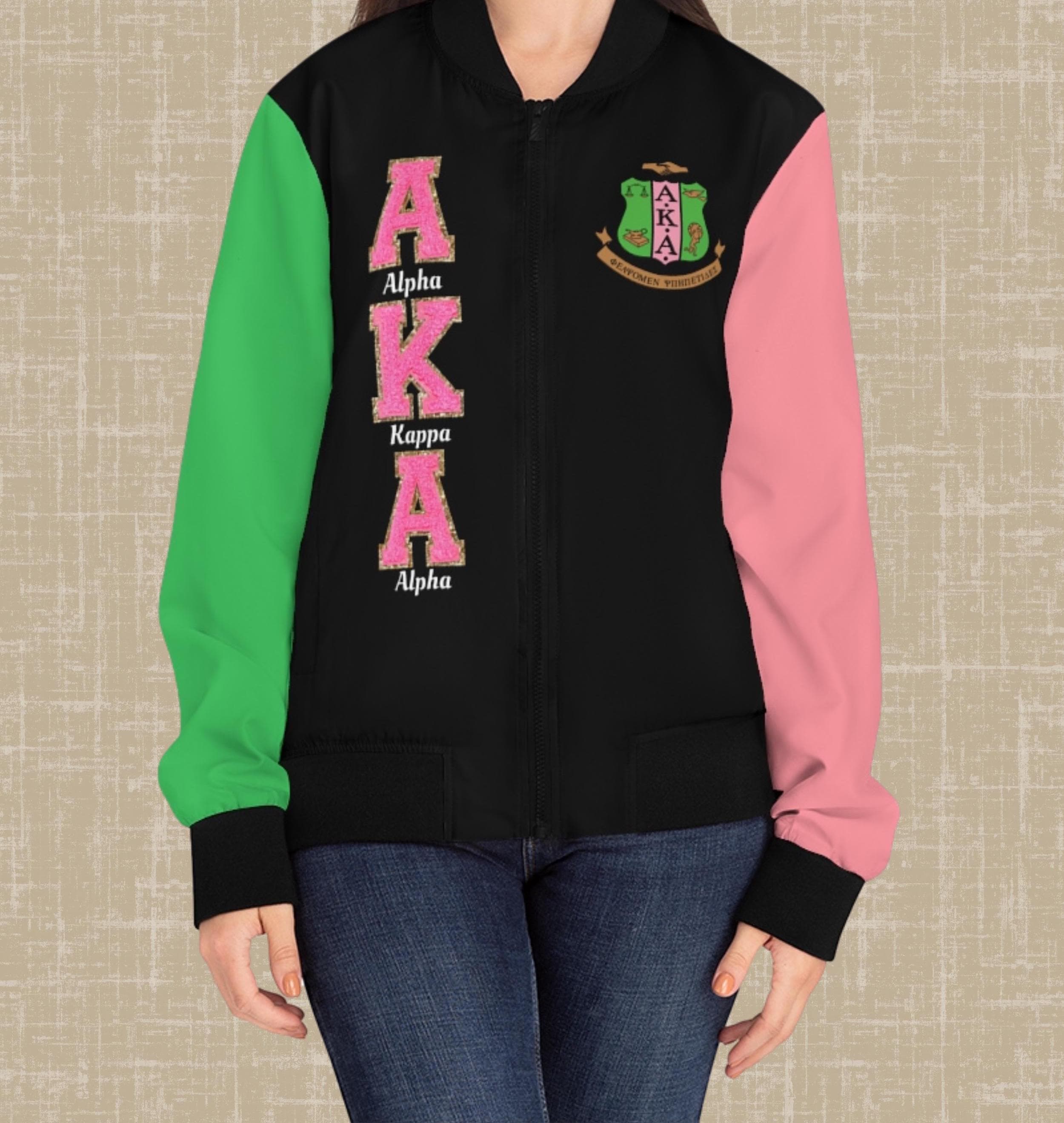 Alpha Kappa Alpha Bomber Jacket, AKA Pink & Green Apparel for Sorors, Christmas, Birthday, Founders Day and College Graduation Gifts