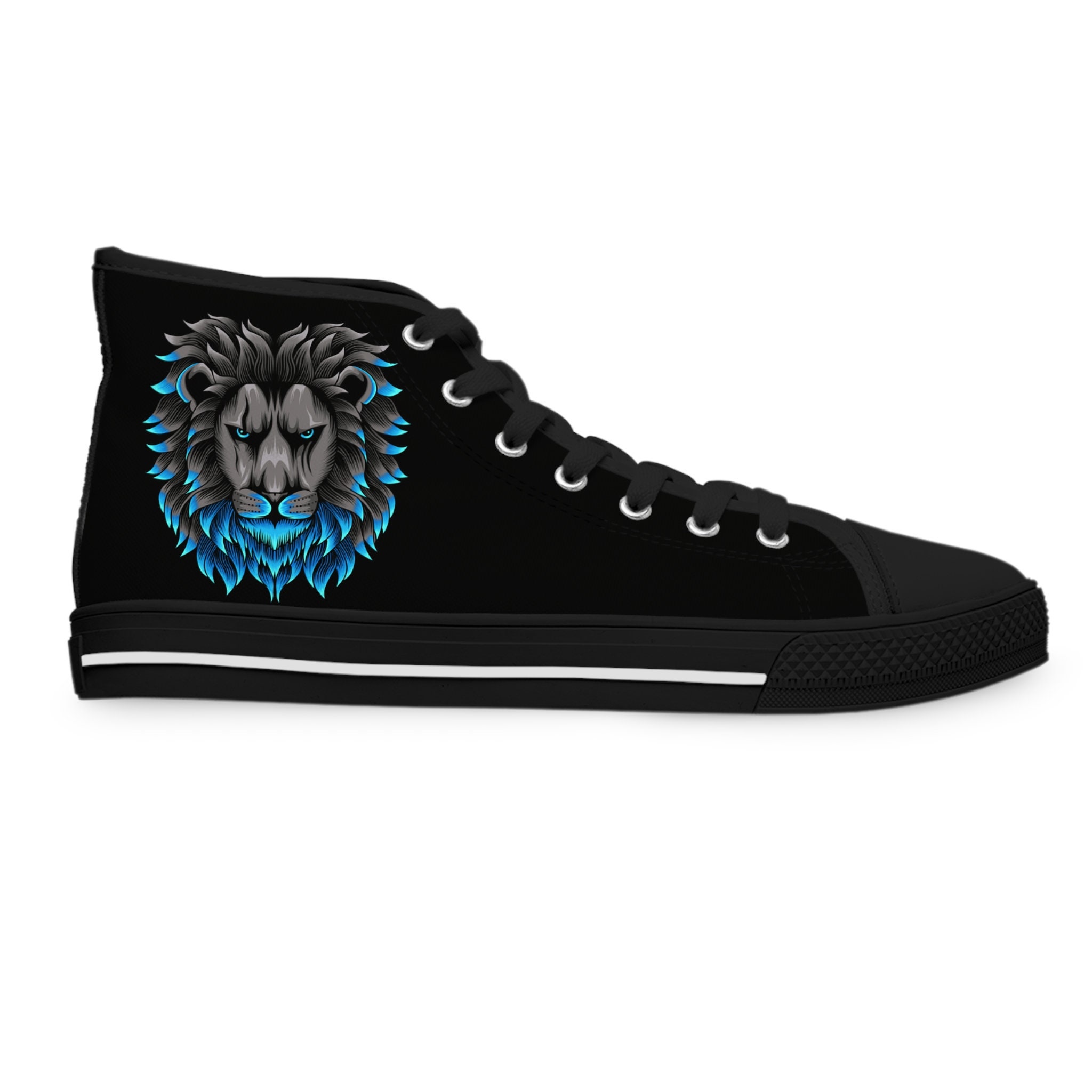 Lion Blue Glow Women's High Top Sneakers/Lion Unisex Canvas Snearkers/King of Cats High Tops/King of Lions/Lion in Blue Canvas Trainers