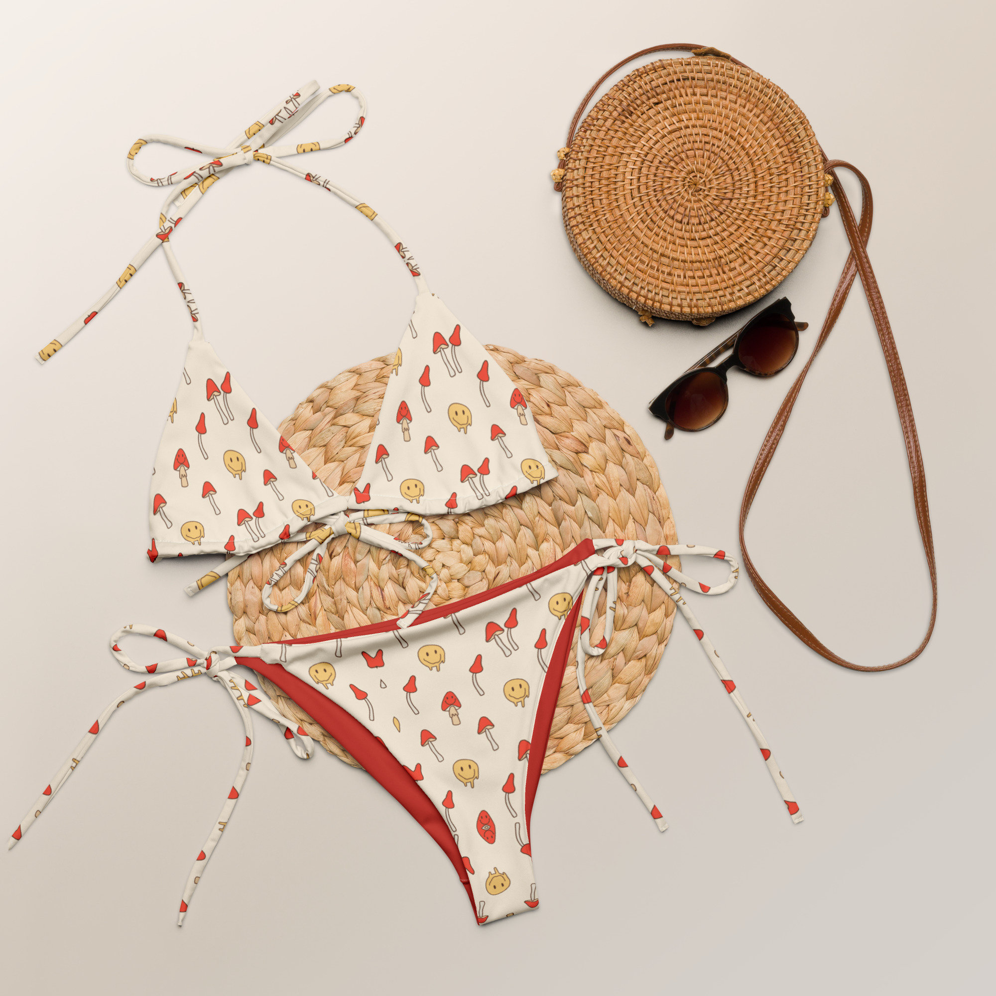 90's Rad Drippy Smile Mushroom Print Recycled String Bikini / Festival Wear