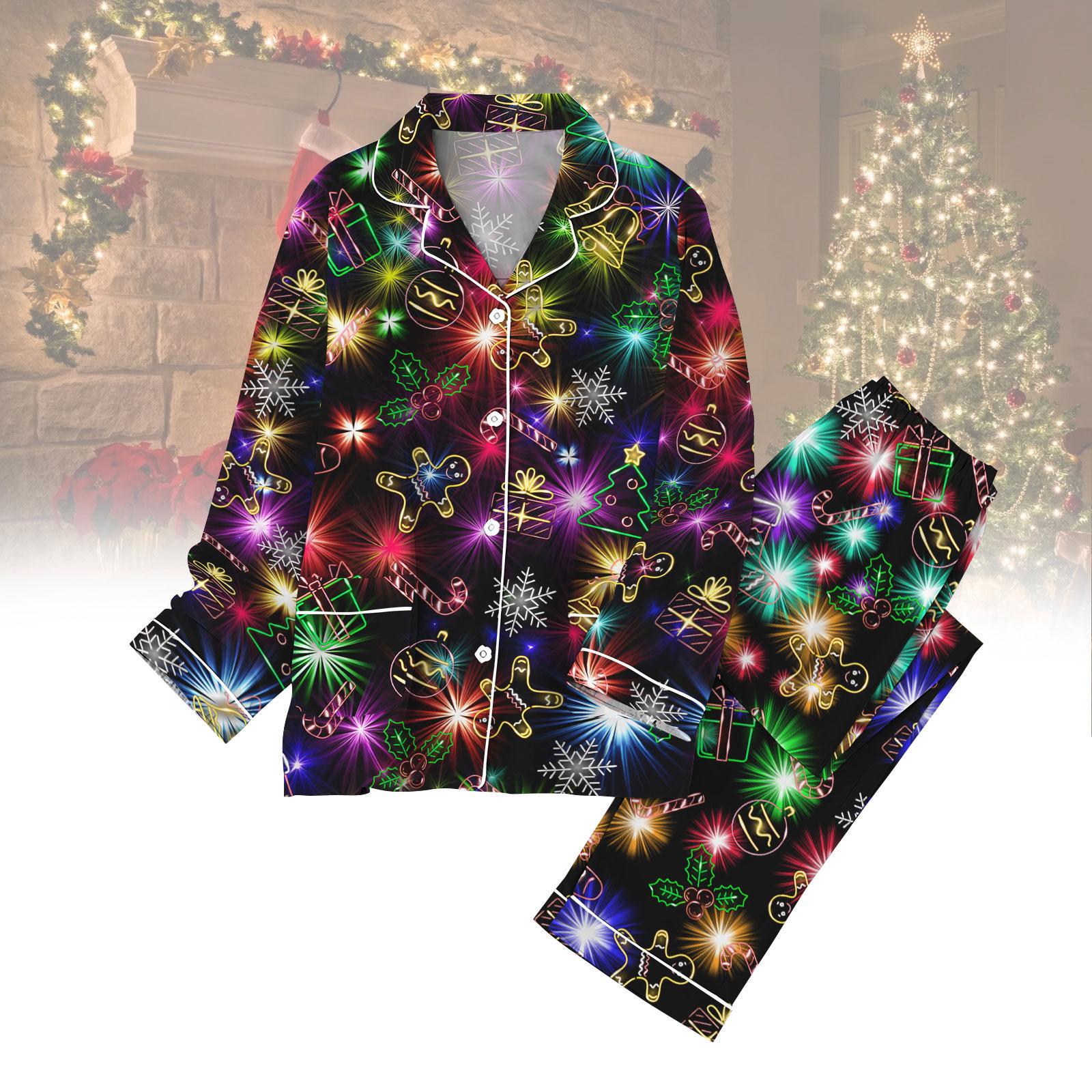 Christmas Bright Neon Lighting Pajamas, Neon Lighting Button Up Shirt, Santa Clause Xmas Loungewear, Matching Christmas Family Pajamas