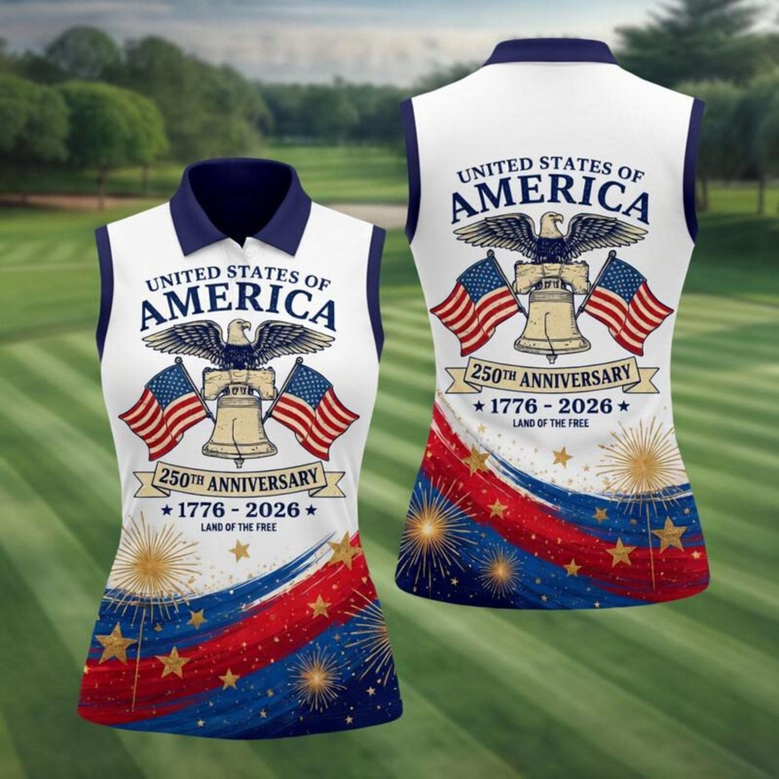 USA 250th Anniversary Women's Sleeveless Polo, Liberty Bell Bald Eagle Golf Shirt, Land of the Free Patriotic Activewear Gift