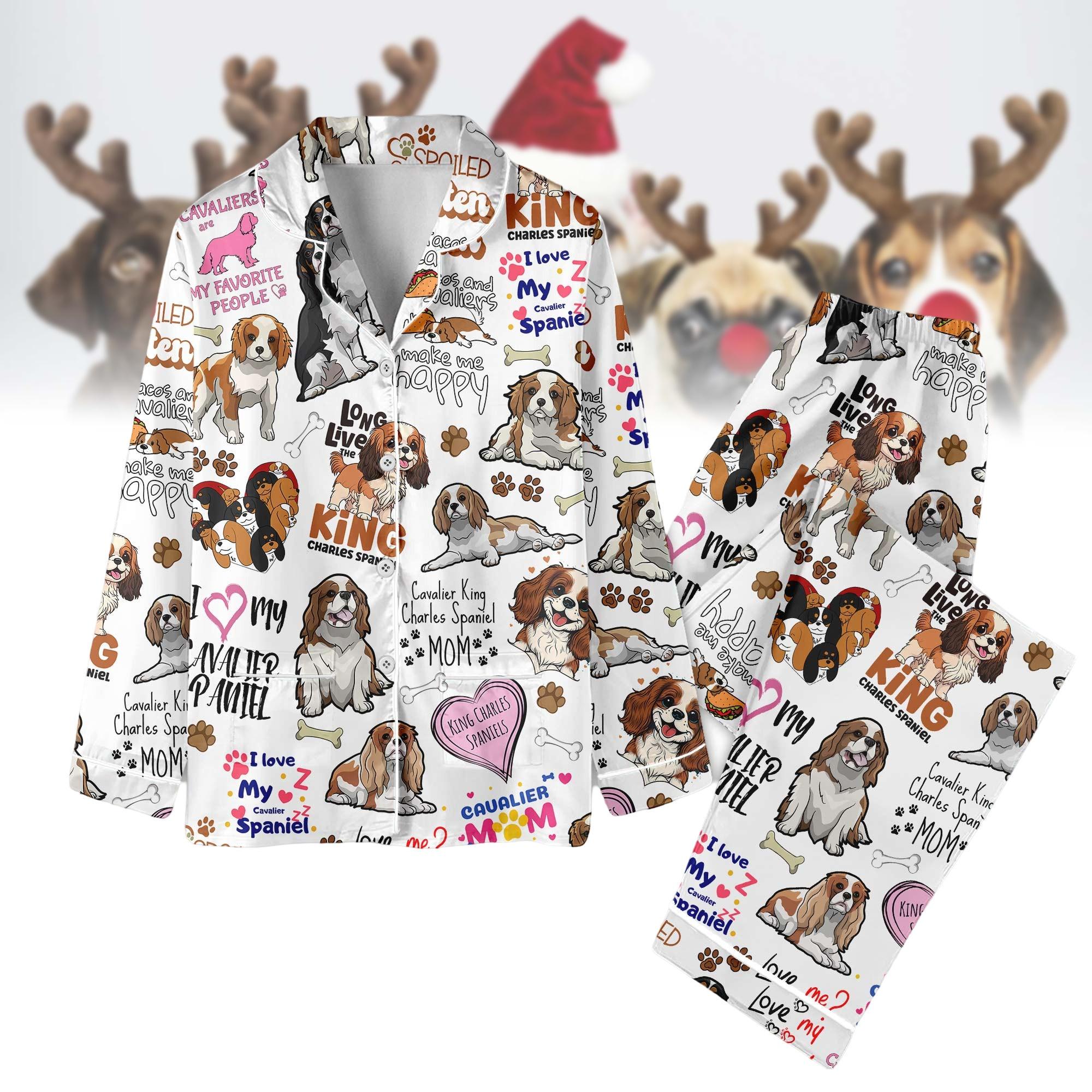 Cavalier King Charles Spaniel Christmas Pajamas Set, Cavalier Dog Mom Pyjama, Animal Lover Xmas Pj Set, Spaniel Santa Hat Family Pajama