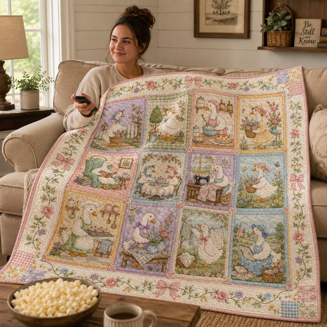 Goose Garden Quilt Blanket, Cottagecore Floral Quilt, Pastel Farmhouse Blanket, Spring Duck Nursery Quilt, Cozy Home Accent, Giftable Quilt for Her