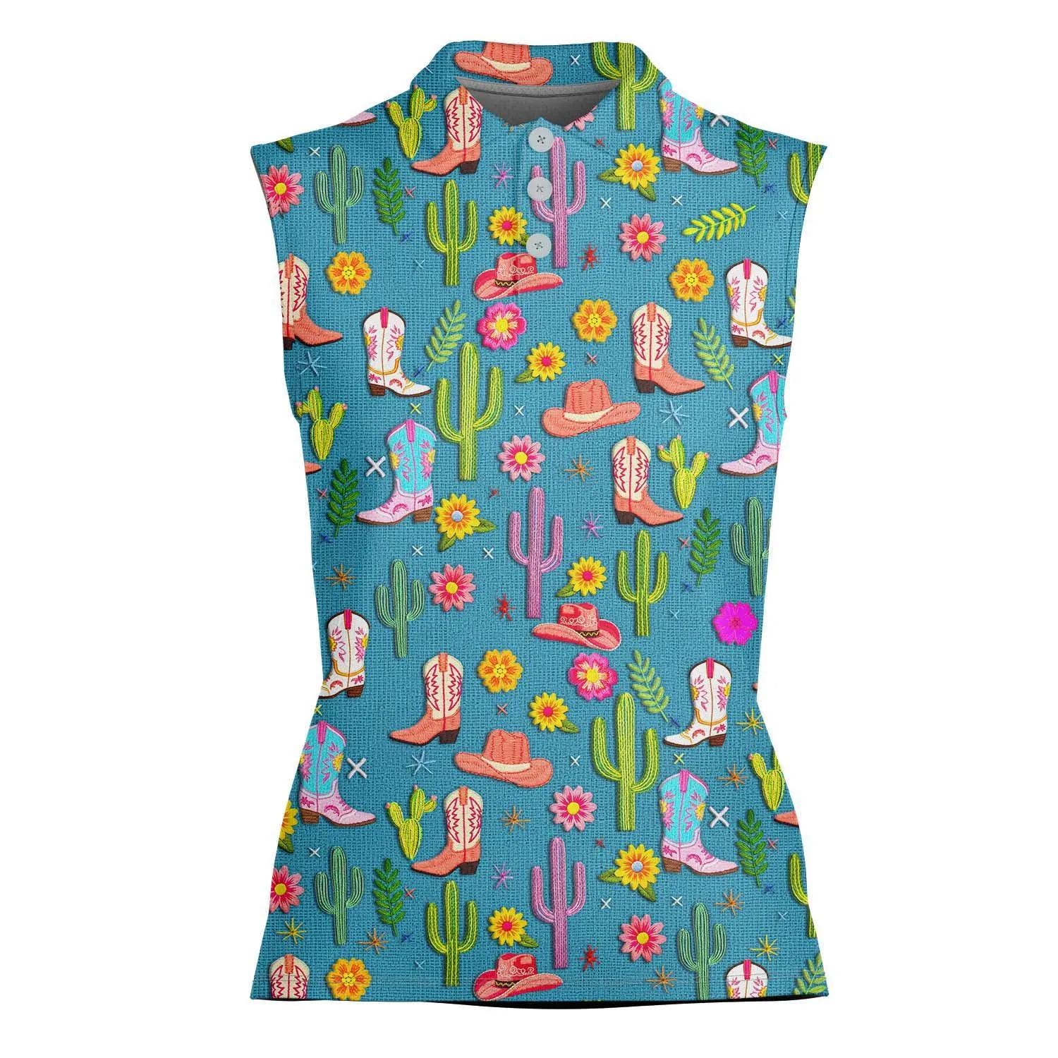 Western Cowgirl Women's Sleeveless Polo Shirt with Cactus and Floral Design