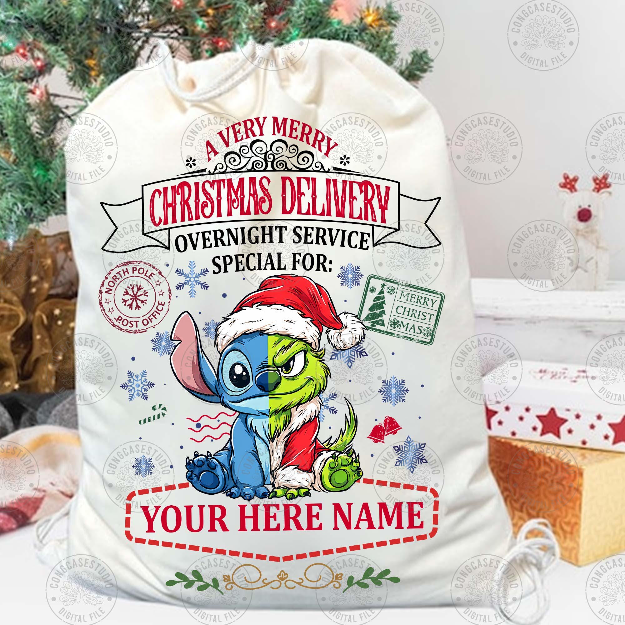 Funny Christmas Santa Sack PNG: Custom Green Guy Kids Name Design