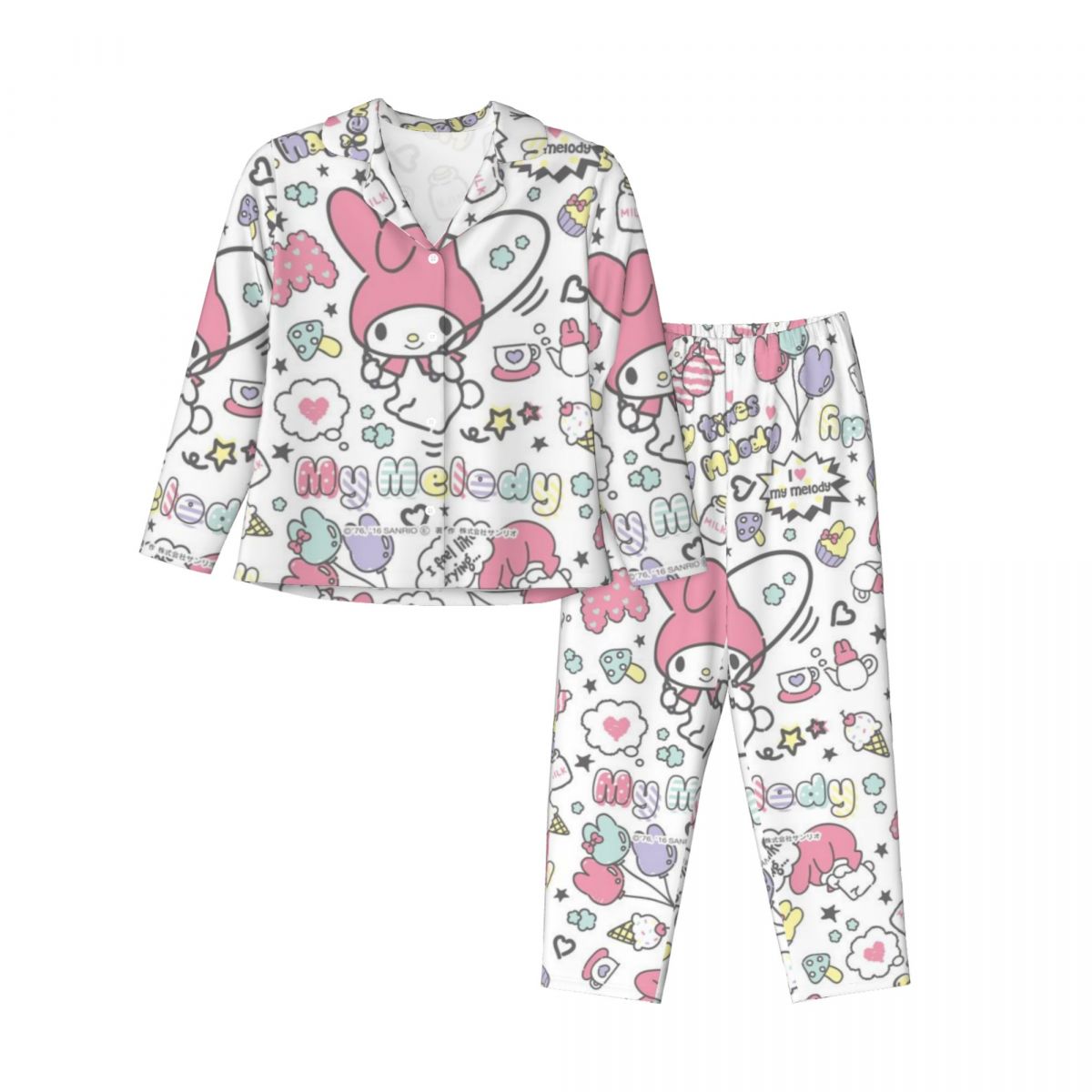 Sanrio Melody Women's Pajamas Set Button Down Pajama 2 Piece Suit Pyjama Femme Nightwear Loungewear