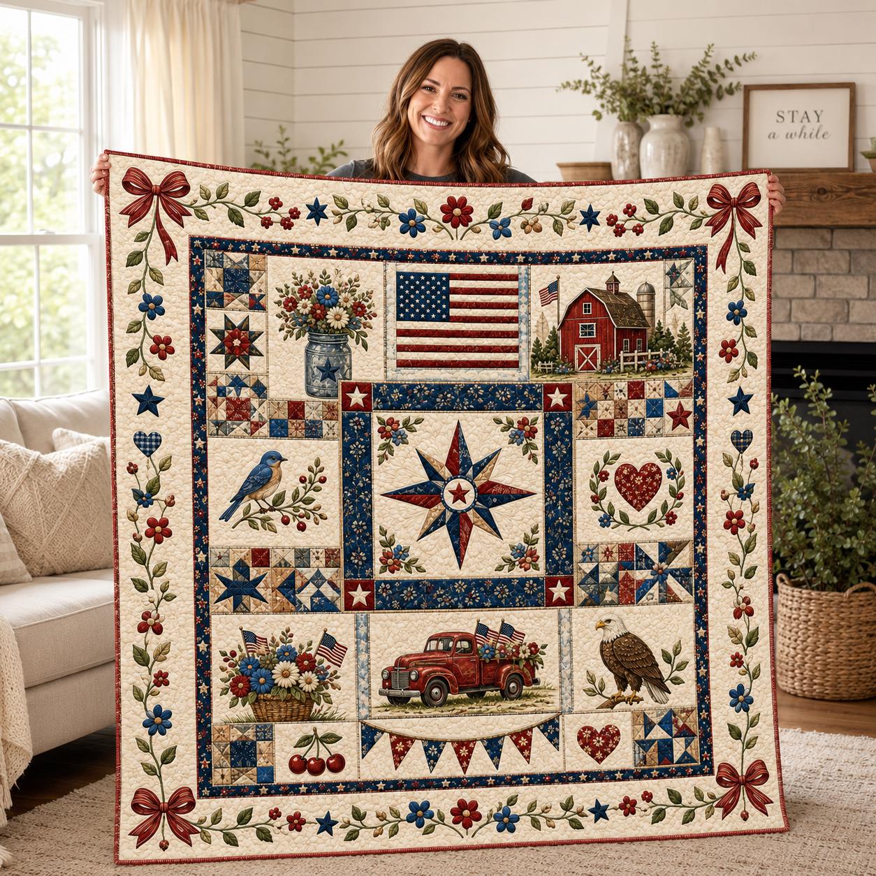 Patriotic Americana Quilt Blanket, Vintage Farmhouse Flag, Eagle Barn Truck Floral Patchwork, Fourth of July Home Decor