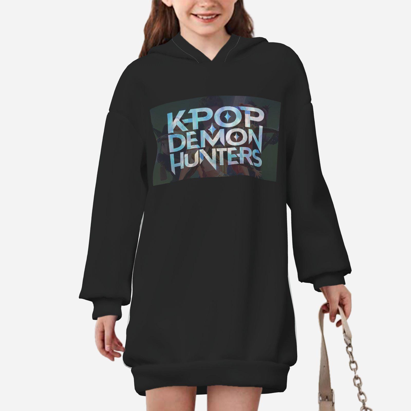 KPop Demon Hunter Hoodie Dress for Girls All-Over Print Long Hoodie, Korean Streetwear, Anime Kawaii Outfit, 200 GSM Soft Fabric