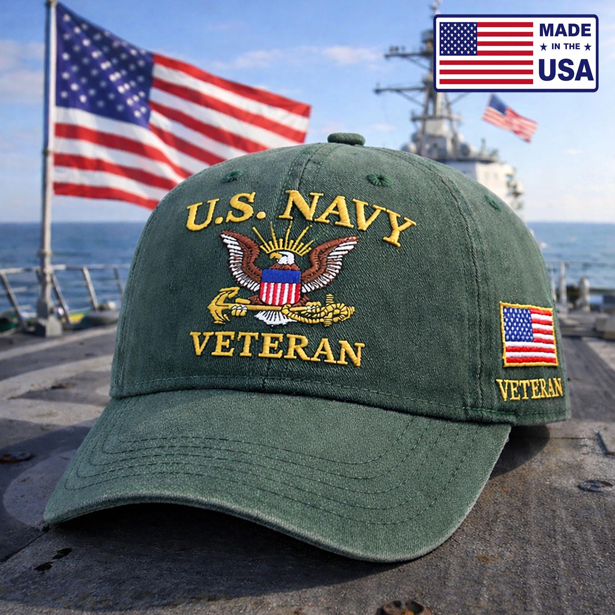 US Navy Veteran Embroidered Hat Military Eagle Flag Design Personalized Name Green Cotton Baseball Cap Patriotic Gift Made in USA