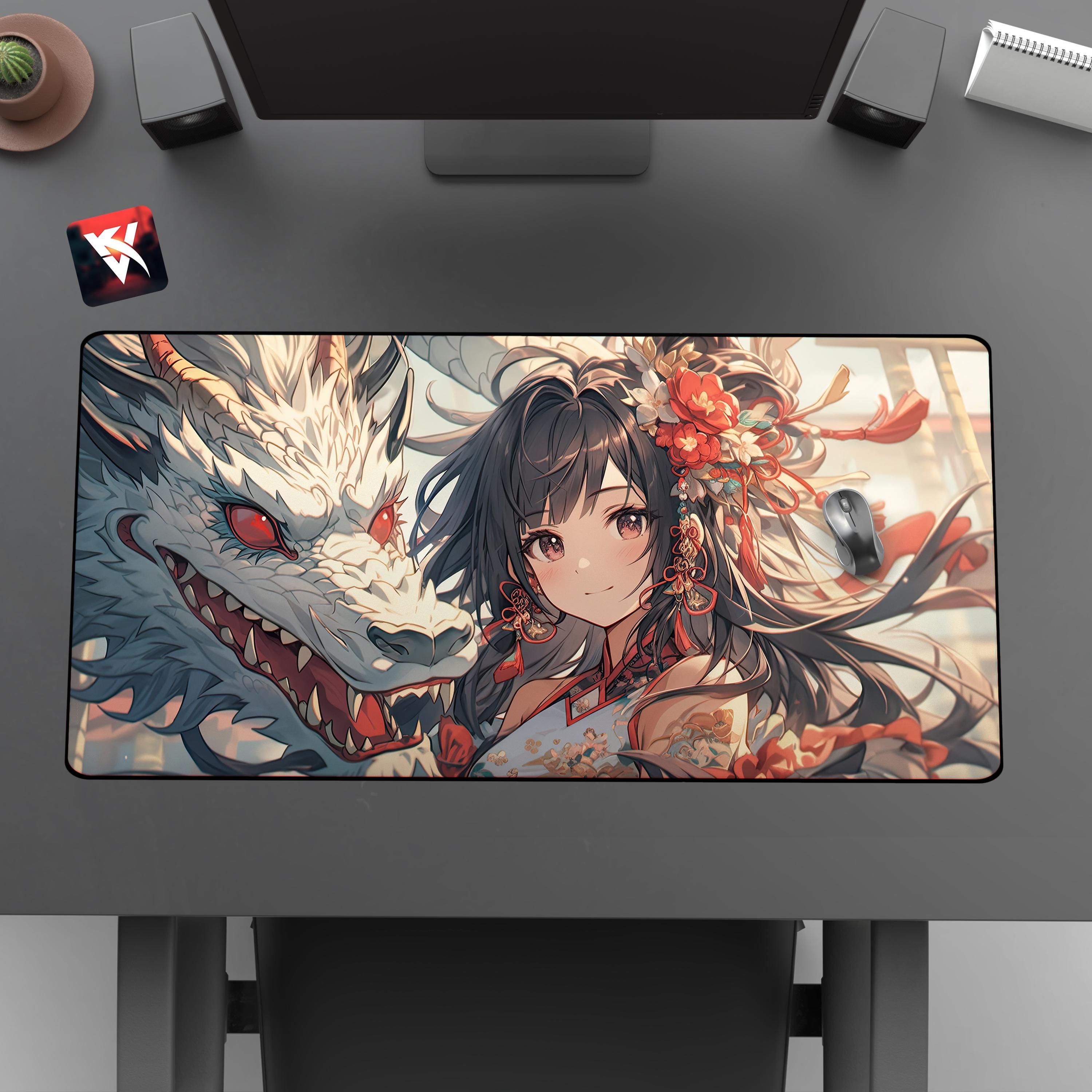 Anime Mouse Pad Girl & Dragon | White Dragon Fantasy Desk Mat