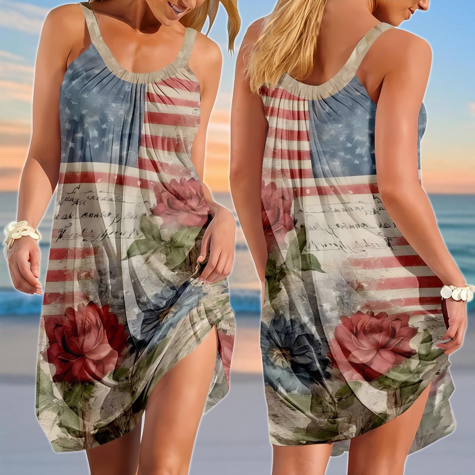 American 4th Of July Sling Summer Dress, Retro USA Women Dress, Floral Flowers Beach Dress, Family USA Holiday Dress, Vacation Gifts