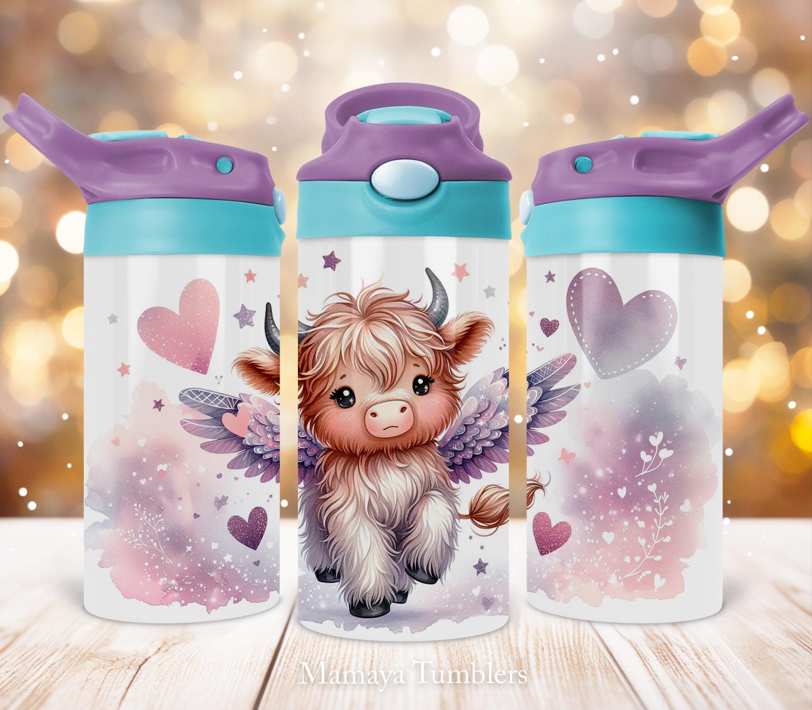 Highland cow 12oz Kids Flip Top Sippy Cup Tumbler, Cute animal Hearts Kids Tumbler