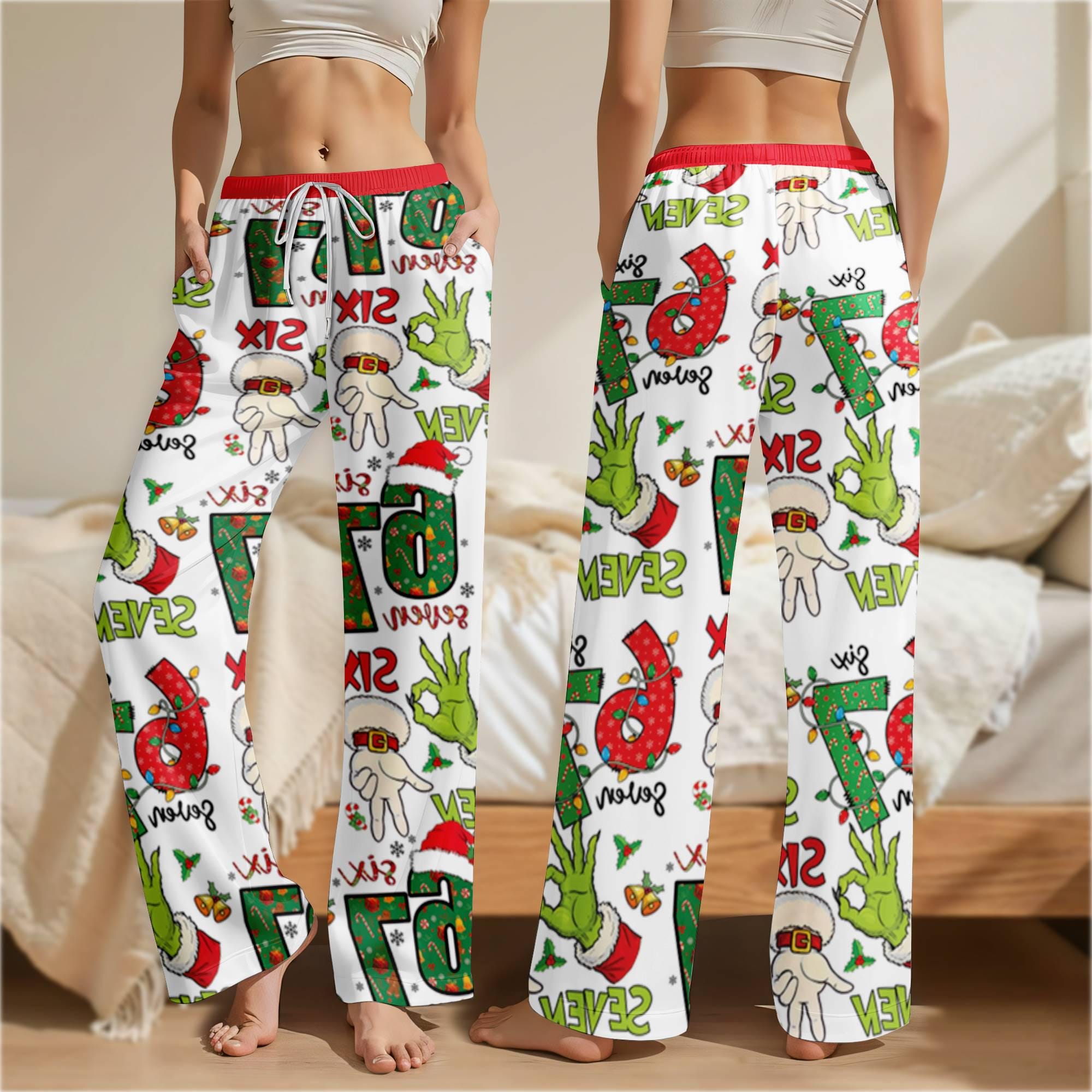 Six Seven Meme Christmas Pajama Pants, Funny Sleepwear for Women, Trendy Xmas Loungewear
