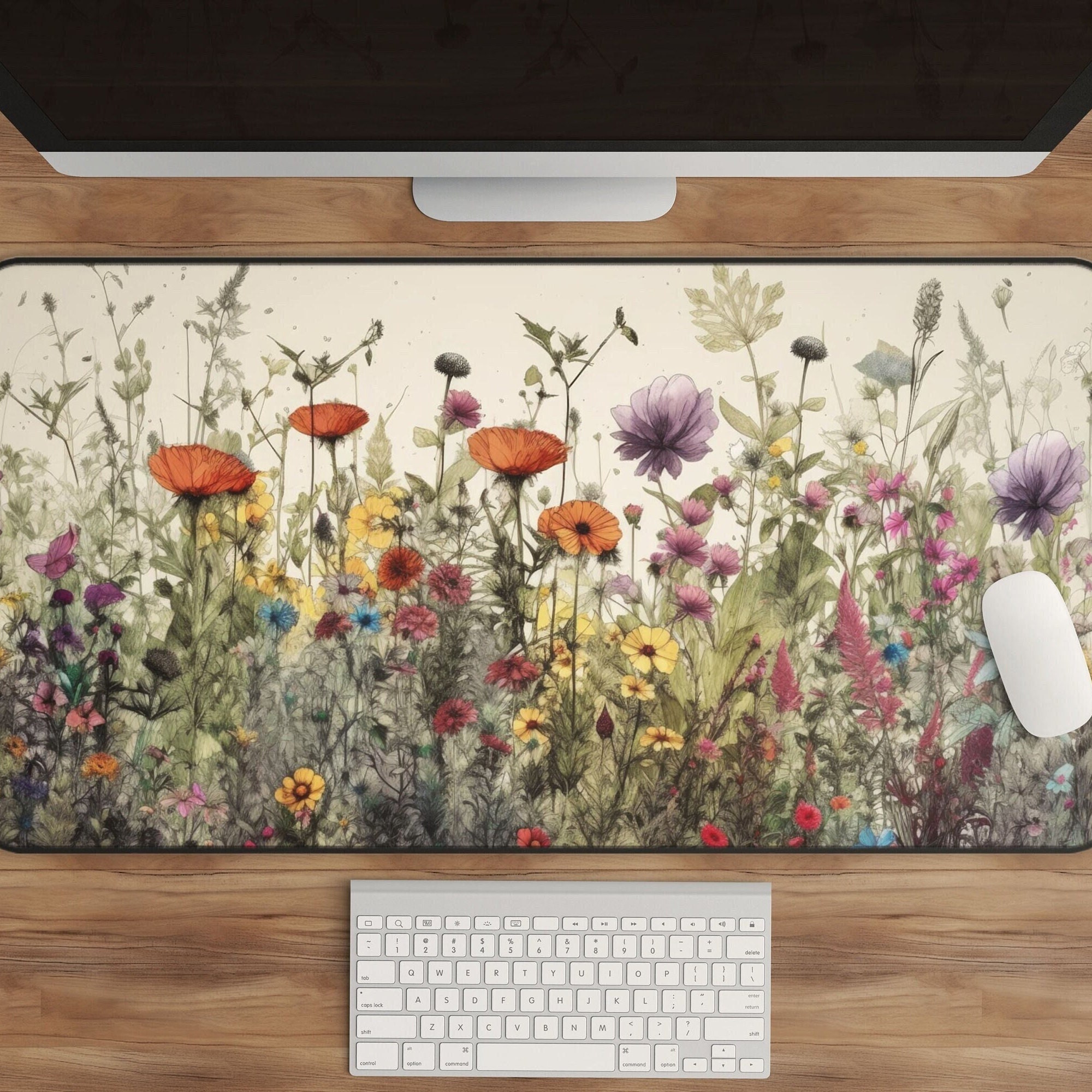 Cottagecore Floral Desk Mat - Aesthetic Mousepad with Watercolor Flowers