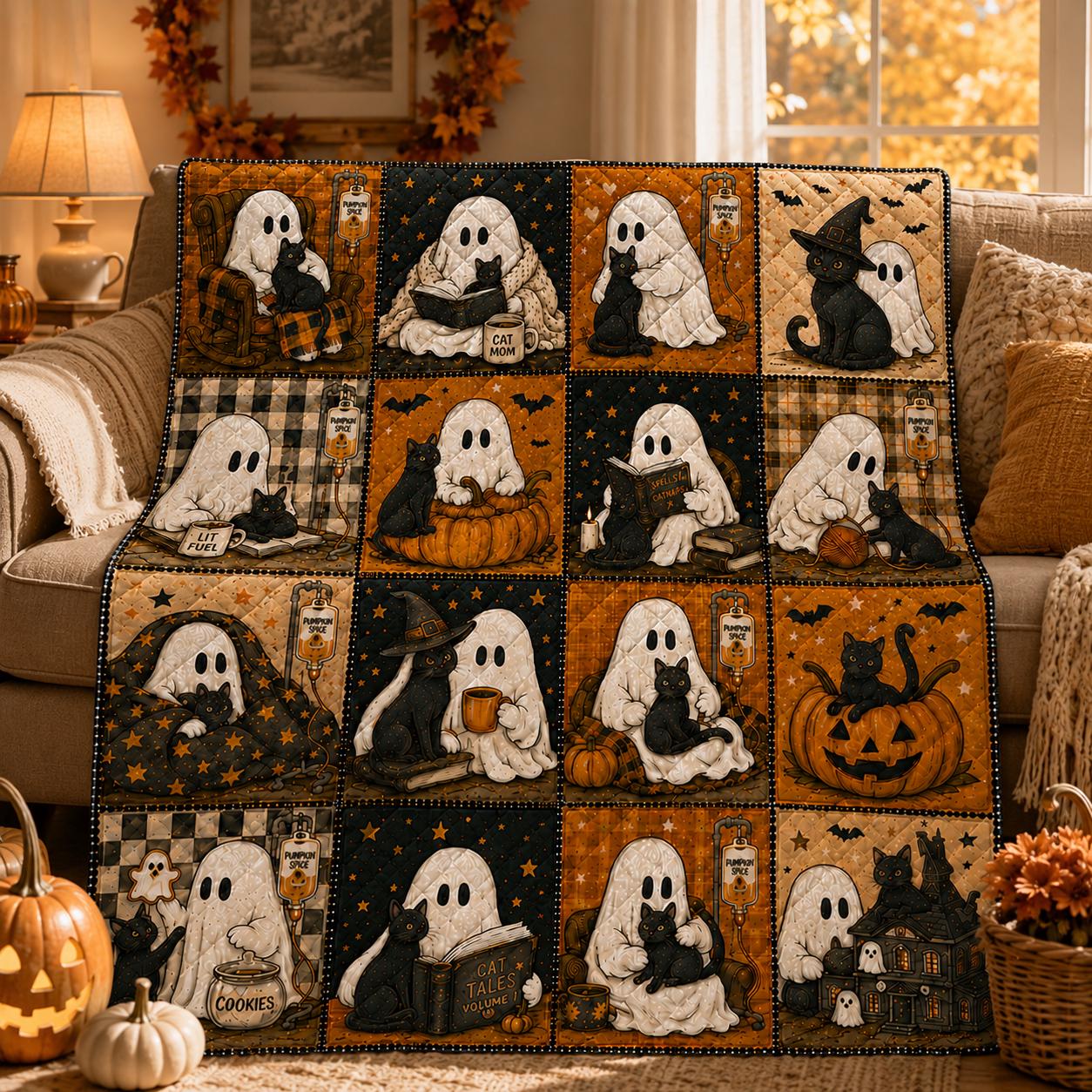 Cozy Halloween Black Cat Blanket, Spooky Ghost Quilt, Cottagecore Fall Bedding, Cute Pumpkin Patchwork Blanket, Autumn Home Decor Gift