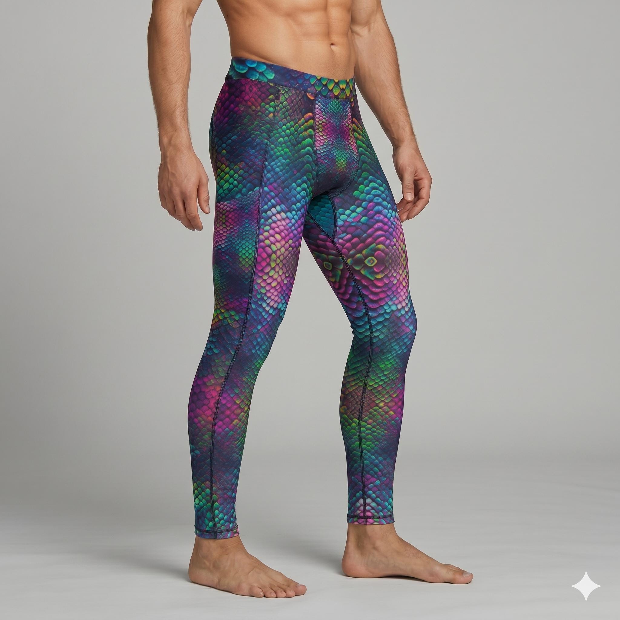 Psychedelic Rainbow Snake Skin Mens Yoga Leggings Meggings Athletic Training Running Martial Arts Wrestling Activewear Snakeskin