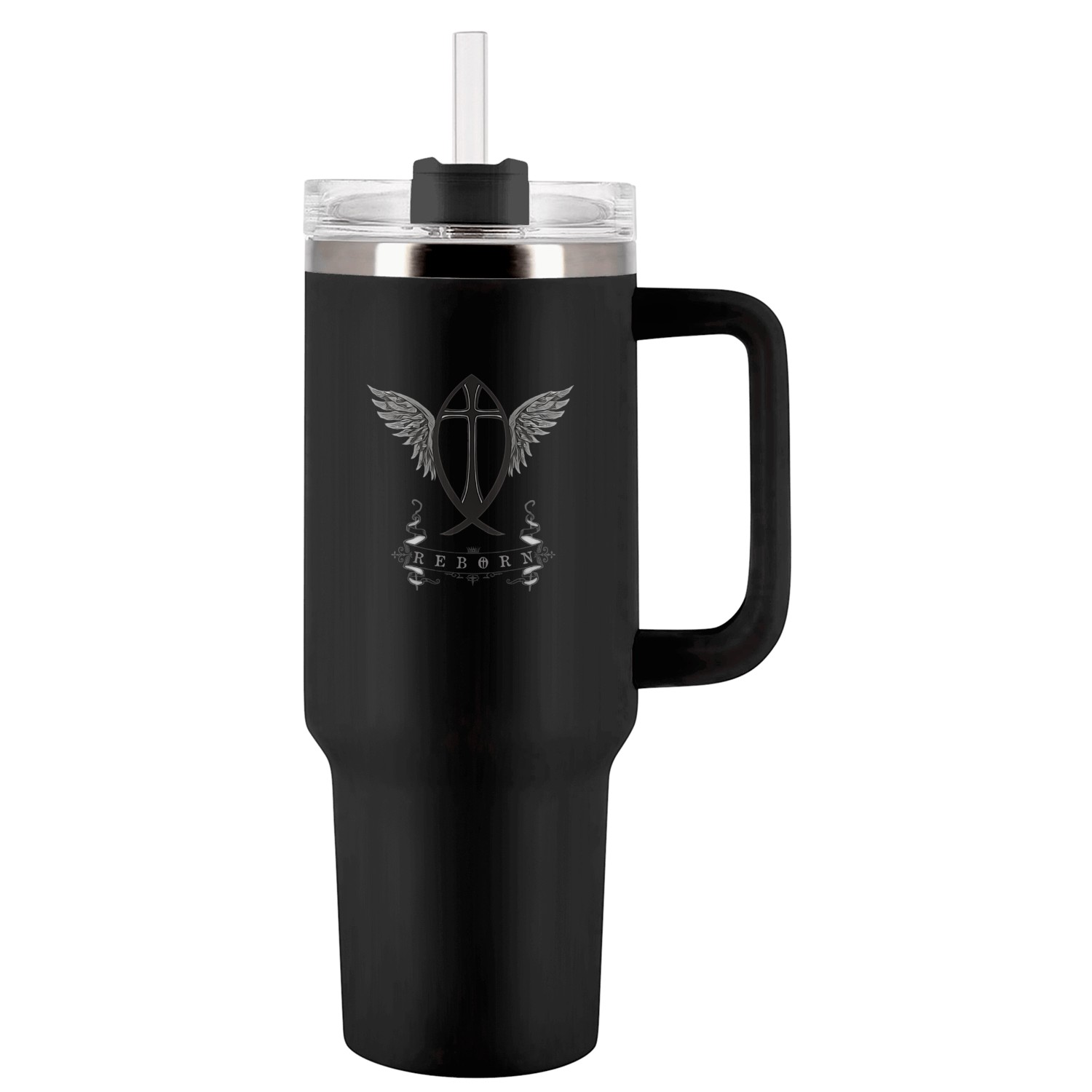 Reborn Ichthys Cross Logo Dark Tumblers 40 Oz With Handle