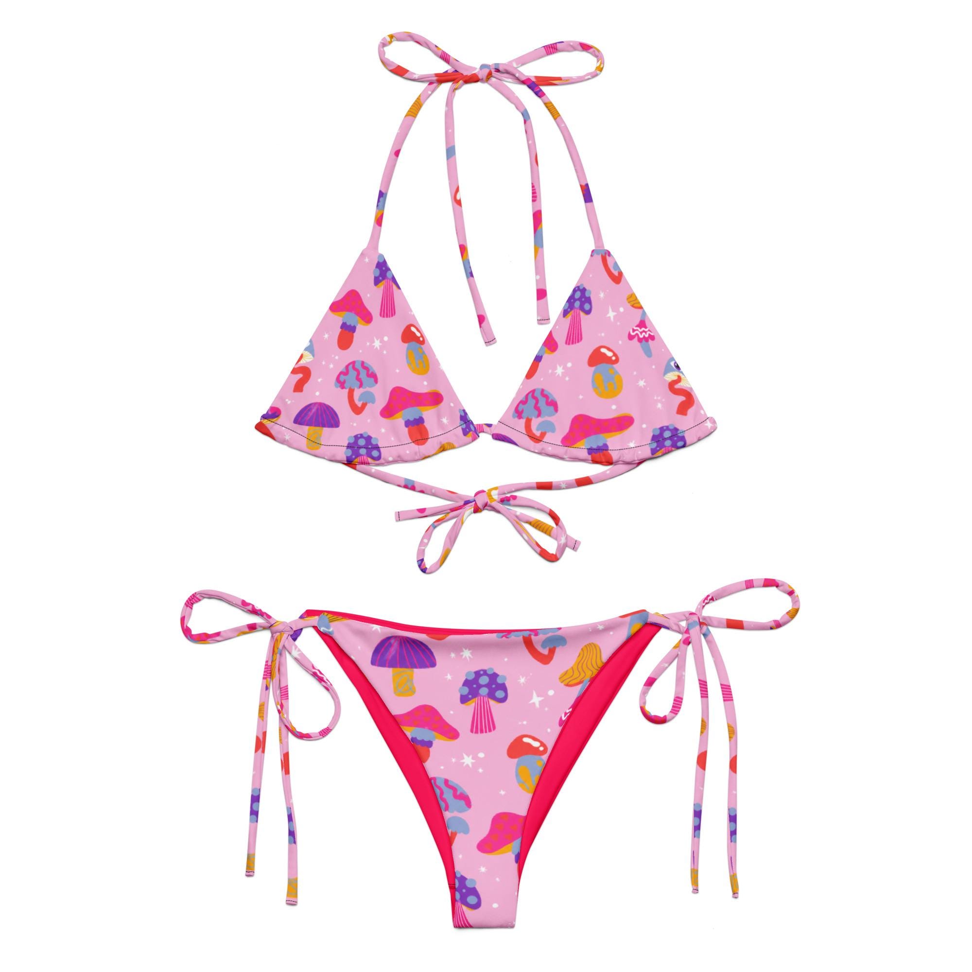 Mushroom Print Bikini Set | Unique Pink Bikini Set | Rave String Bikini | Colorful Festival Top | Swimwear
