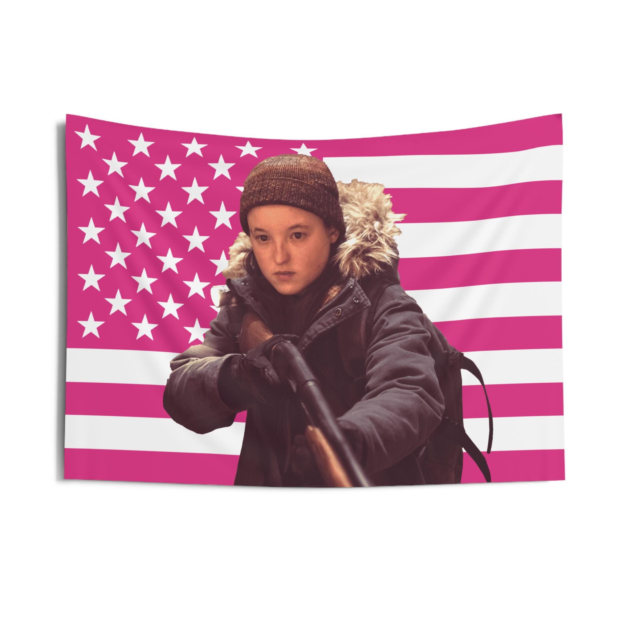 Bella Ramsey as Ellie Williams USA Flag Pink Indoor Wall Tapestry