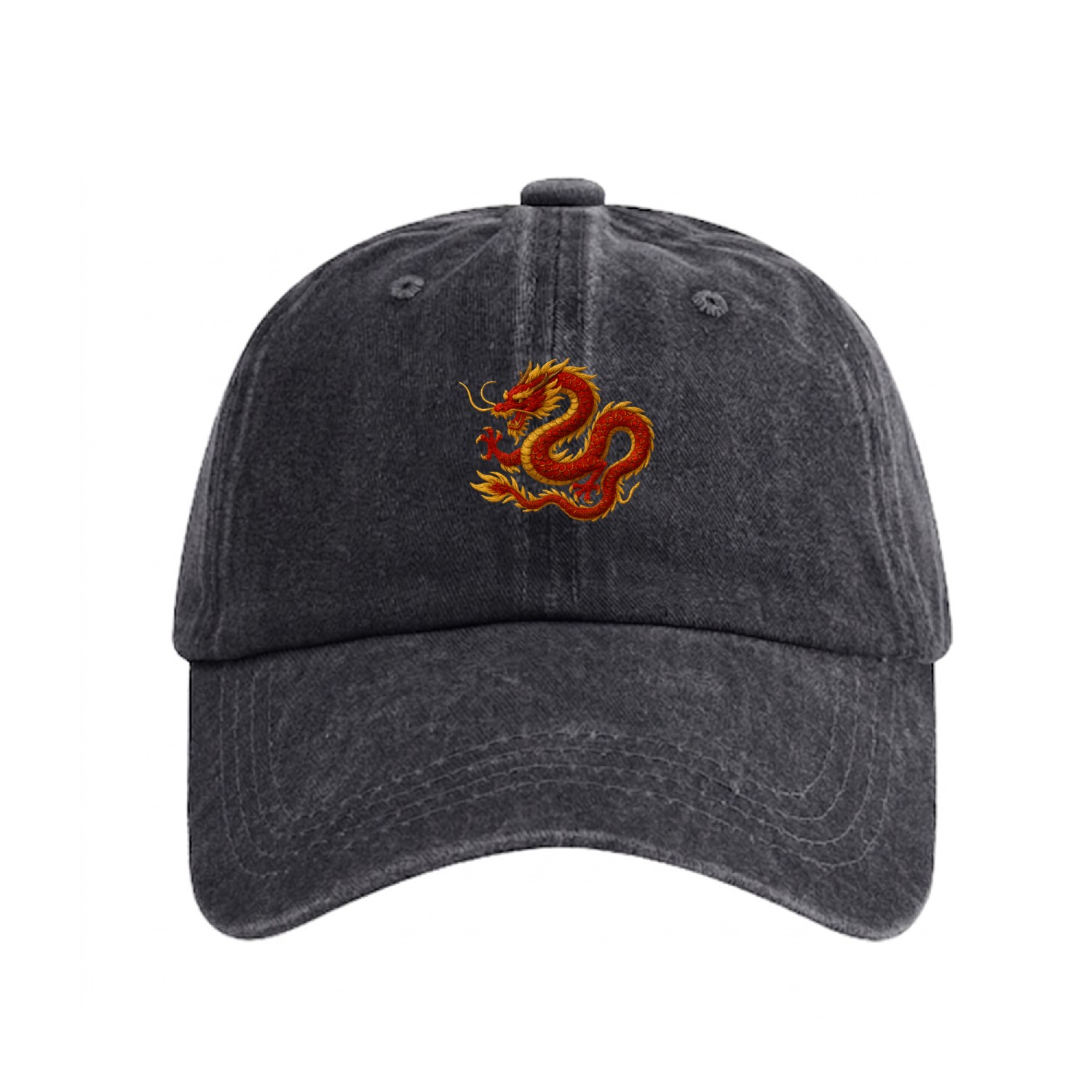 Elegant Red and Gold Dragon Design Washed Denim Baseball Caps