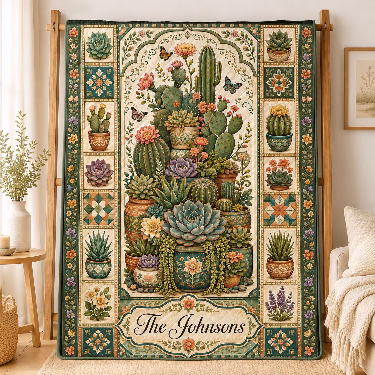 Personalized Cactus Quilt Blanket, Custom Family Name Succulent Quilt, Southwest Housewarming Quilt