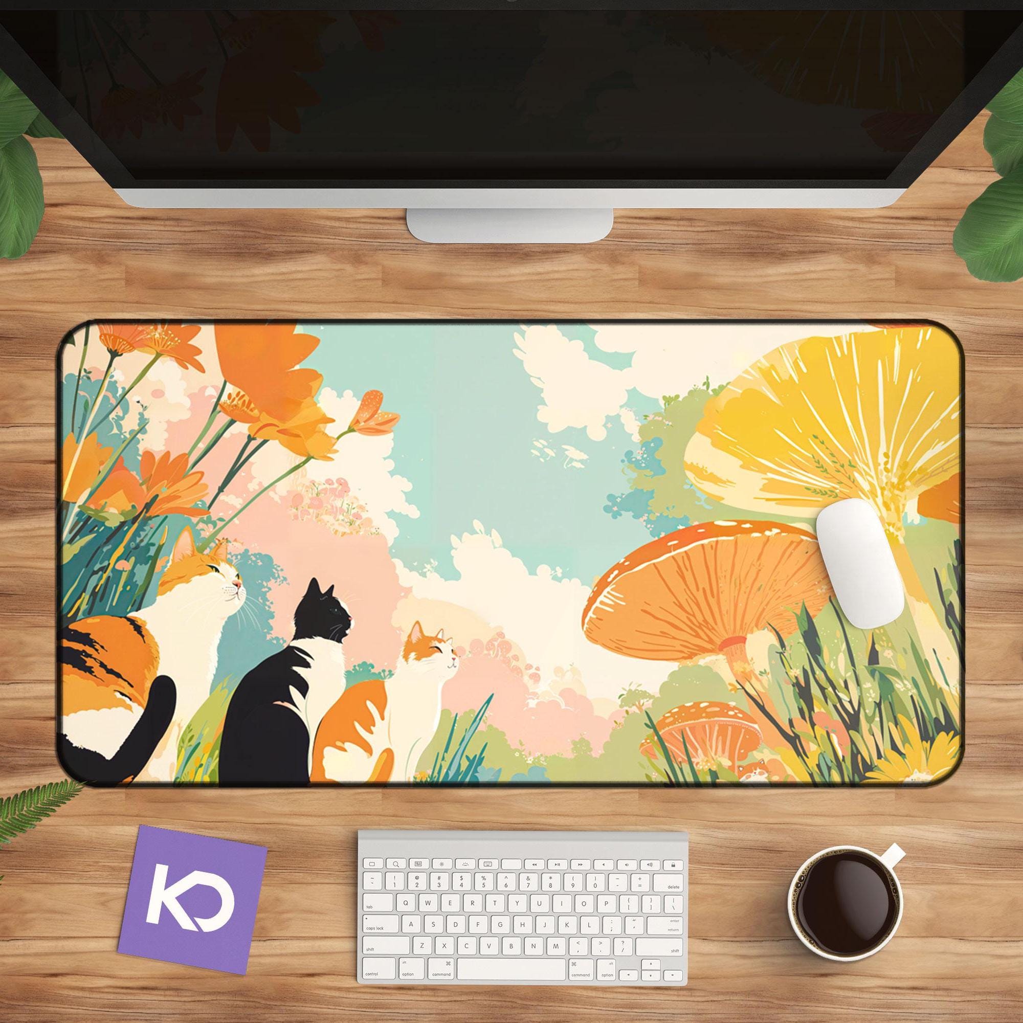 Kawaii Cat Desk Mat, Large Floral Mouse Pad, Cute LoFi Aesthetic