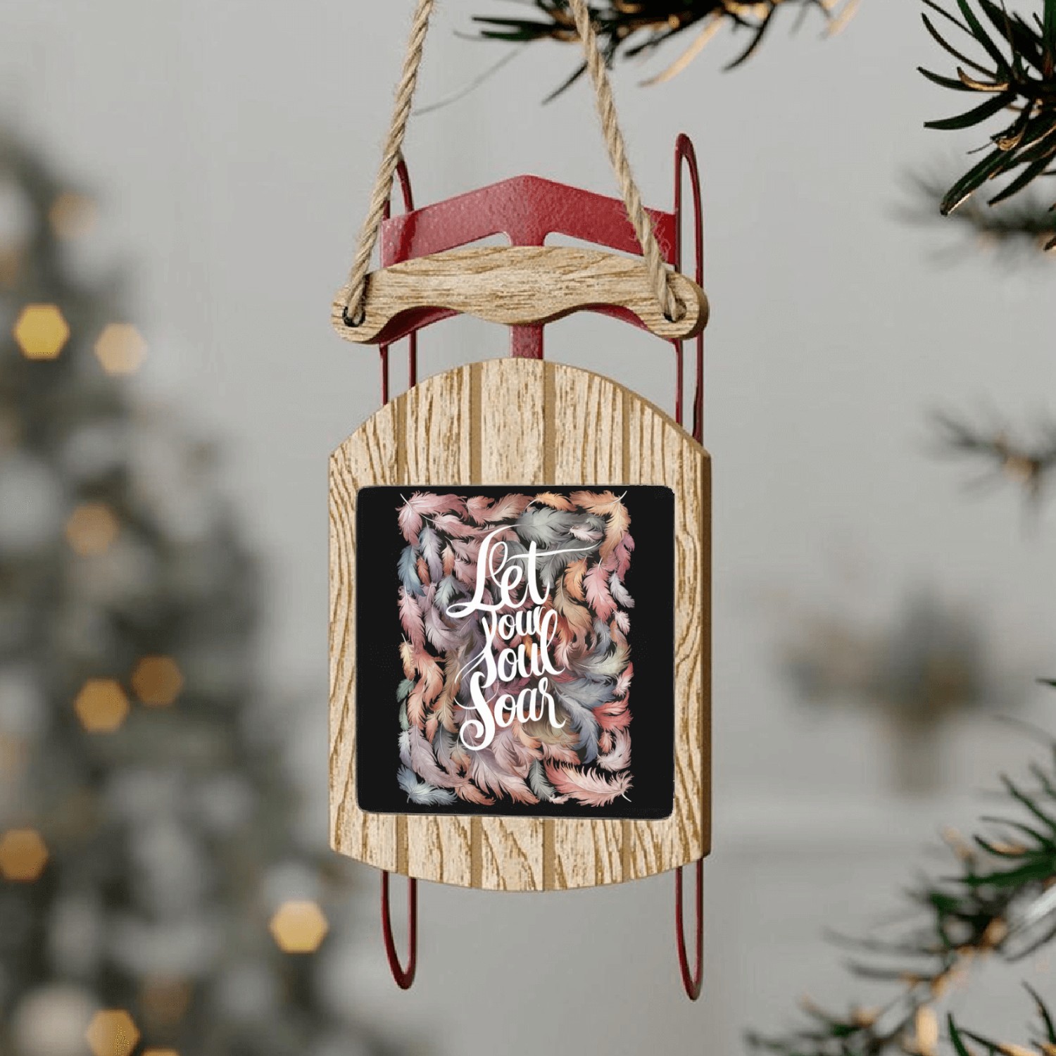 Inspirational Quote with Colorful Feathers Design Sled Ornaments