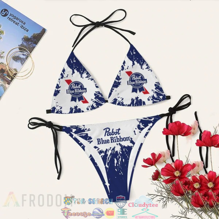 Pabst Blue Ribbon Beer Tie Dye Sling Bikini Set Beach Swimsuit