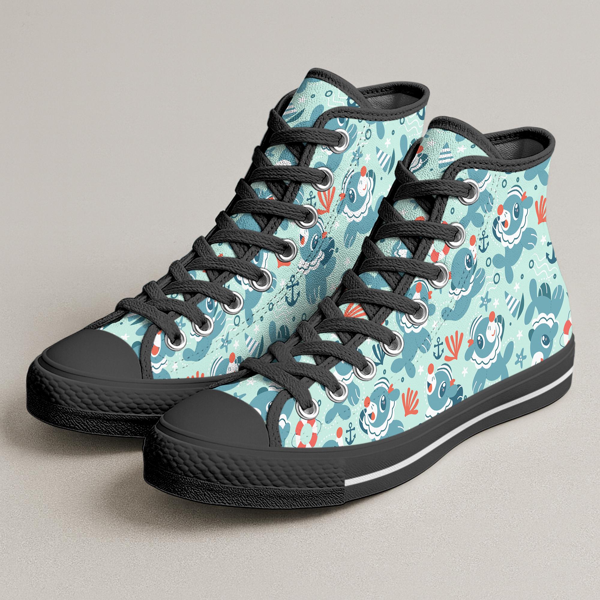 Popplio High Top Shoes, Ocean Circus Kawaii Blue Sneakers, Popplio Shoes Gifts